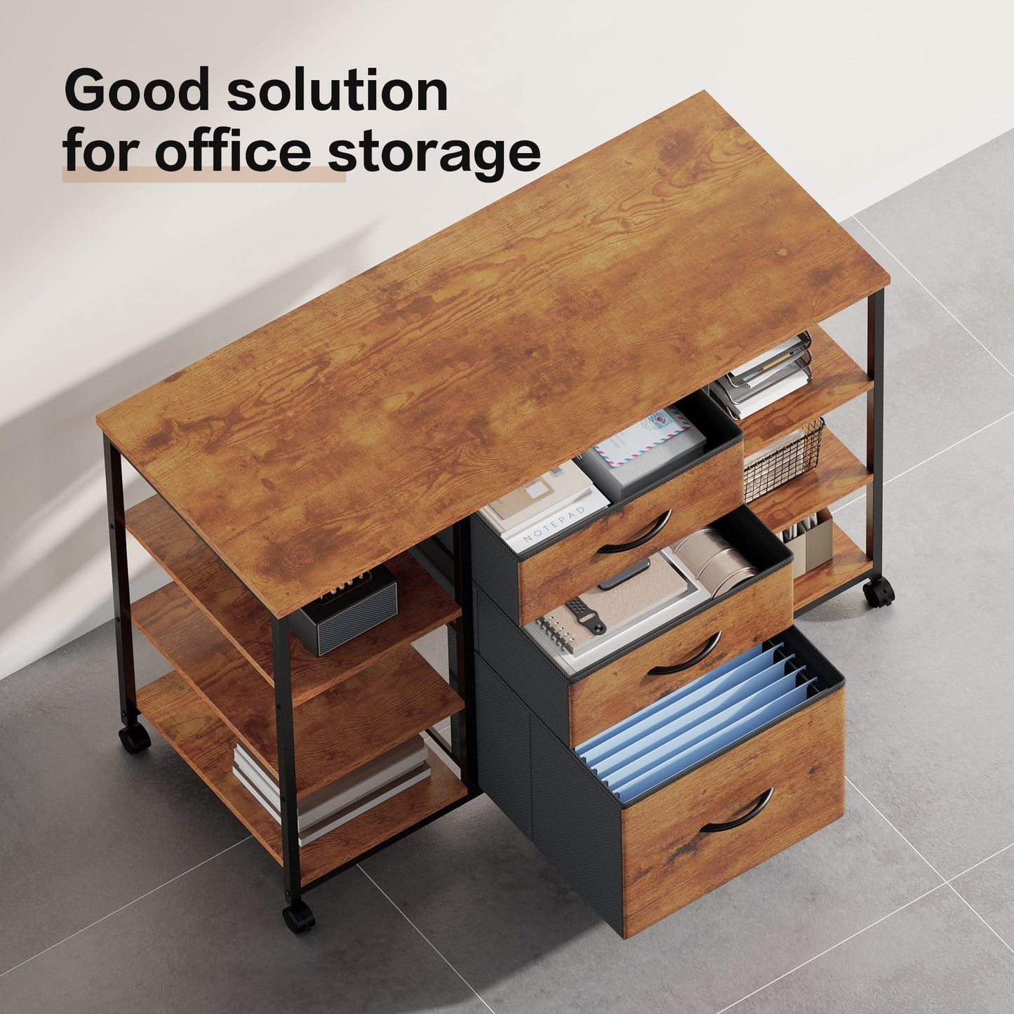 YeTom Mobile File Cabinet,Lateral Filing Cabinet with 3 Fabric Drawers,Rolling Printer Stand with 4 Open Storage Shelf for Home Office,Rustic Brown