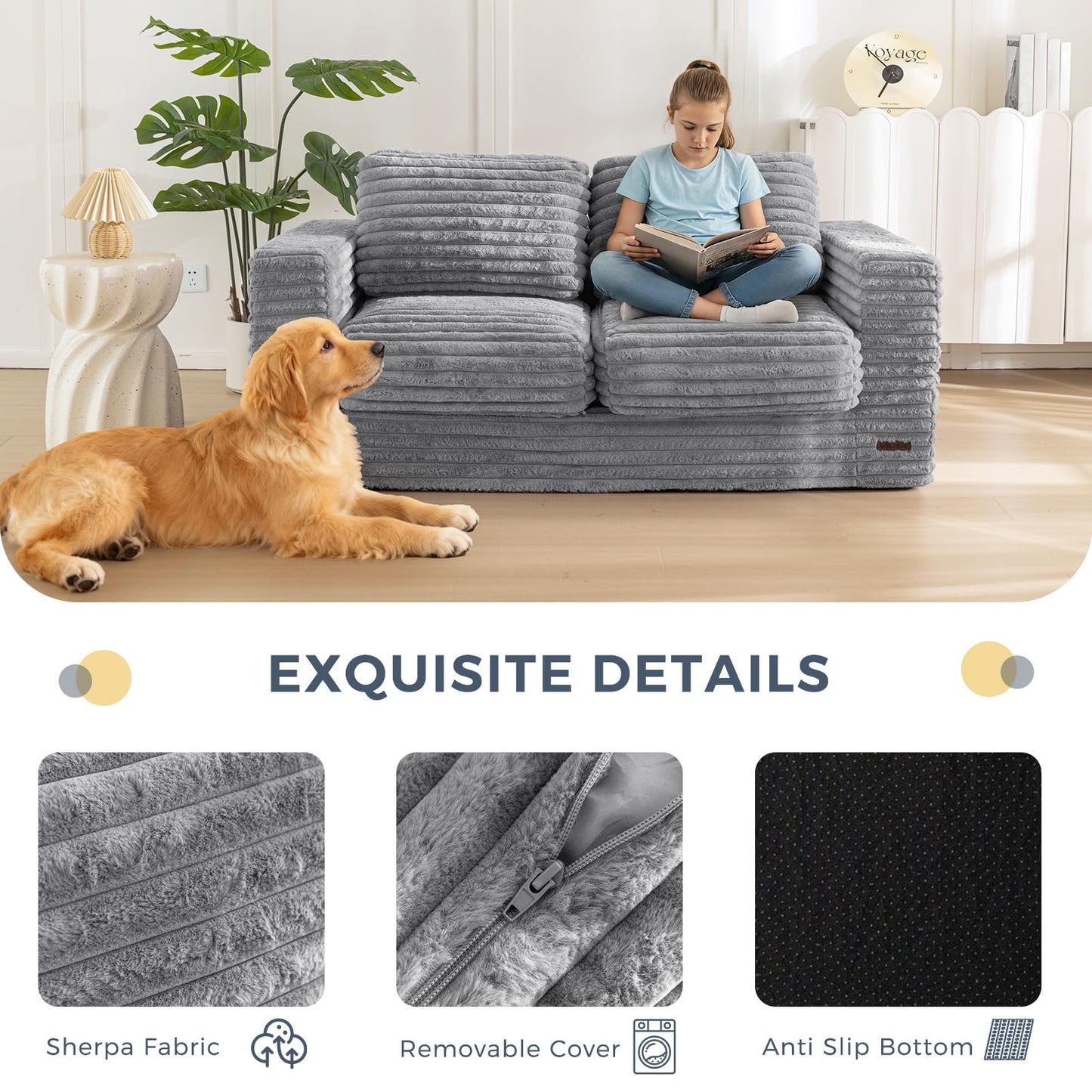 MAXYOYO Giant Bean Bag Chair for Adults, Upholstered Loveseat Floor Sofa with Pillows and Armrests, Large Bean Bag Sofa Plush Chair Bean Bag Couch for Bedroom Living Room, Grey