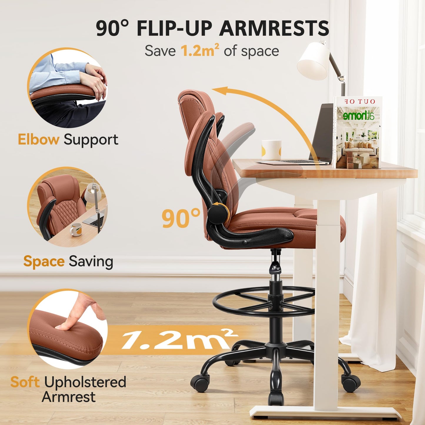Drafting Chair, Tall Office Chair for Standing Desk, High Executive Leather Ergonomic Computer Chair with Adjustable Height and Flip-Up Armrest for Counter Height Desk, Brown, Pack of 1