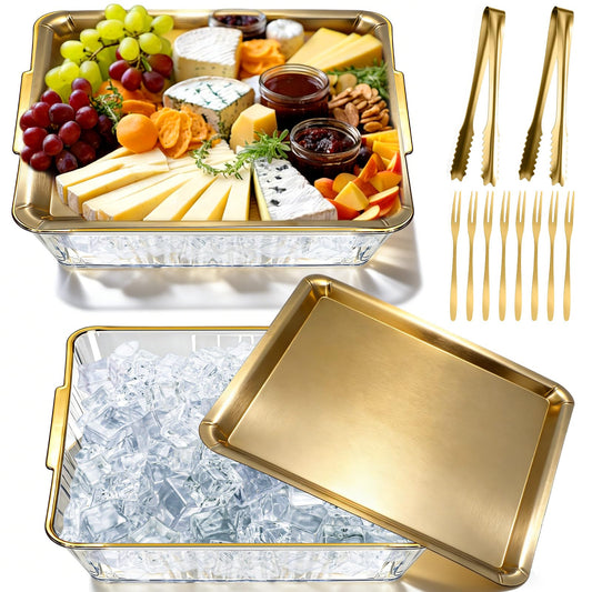 Baderke 2 Set Chilled Serving Tray for Christmas Parties Ice Chilled Party Platter Charcuterie Serving Board Cold Dish Dip with Forks Tongs for Fruit Seafood Vegetable Appetizer (11.81",Gold)