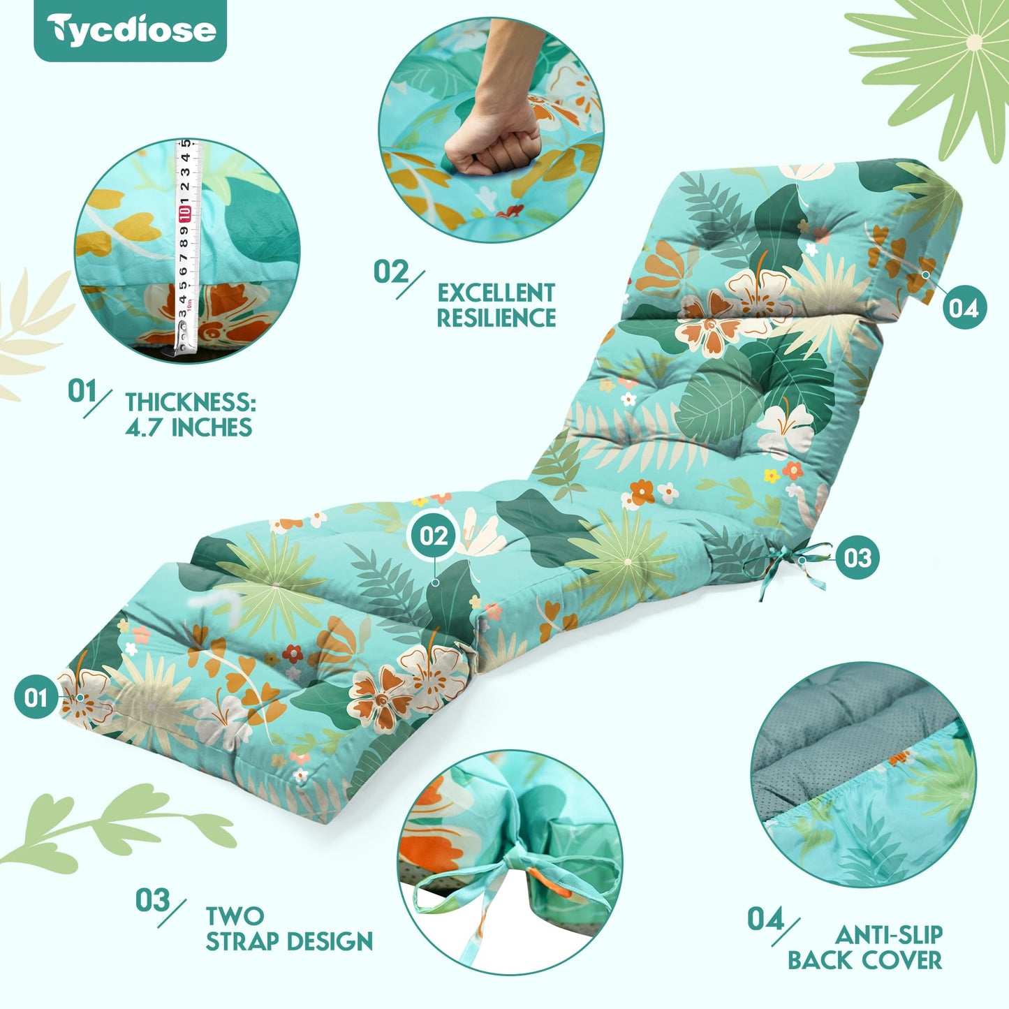 Tycdiose Outdoor Chaise Lounge Chair Cushion Waterproof 74.4 x 22 x 4.7 Inches Thickened Memory Foam Patio Lounge Chair Cushions Replacement for Outdoor Furniture with Ties, Cyan Floral Leaf