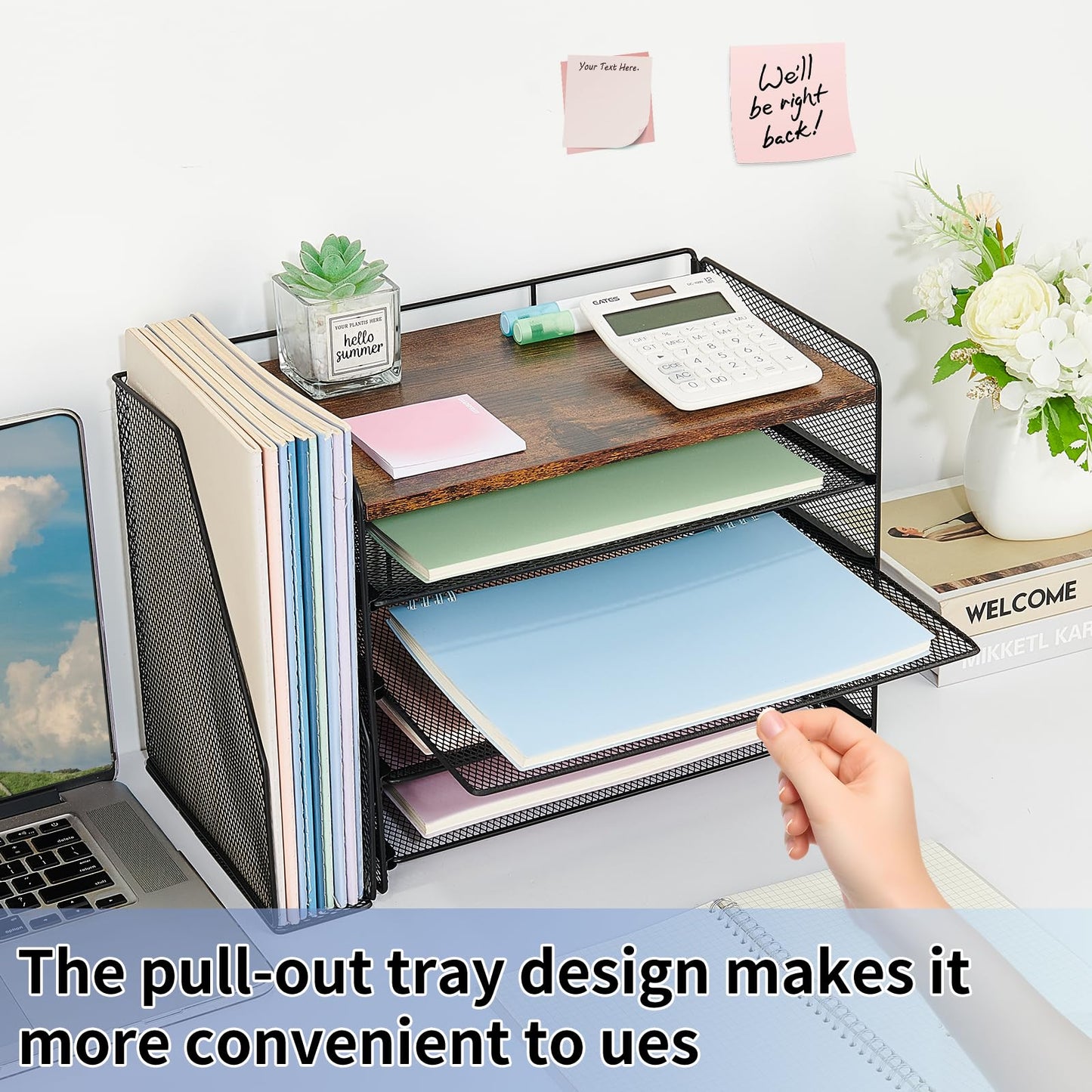 OPNICE Desk Organizer, 5-Tier Paper Organizer Letter Tray with Magazine Holder, Office Desk Accessories & Workspace Organizers, Desktop File Organizer for Office Supplies Storage, Wood