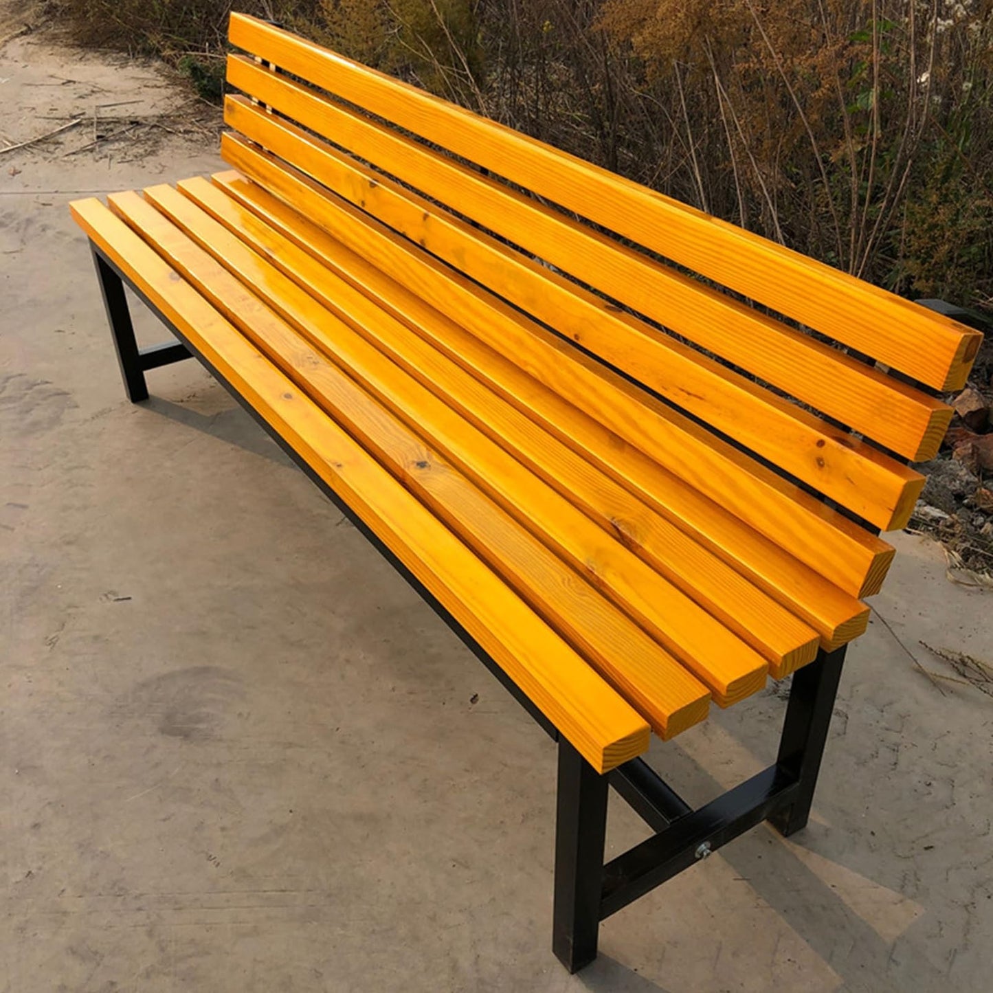 Weatherproof Metal Garden Bench with Wooden Slats - Sturdy Outdoor Seating for Front Porch, Patio, Lawn, Balcony - 150cm (59.05in) - Stylish Yellow Design