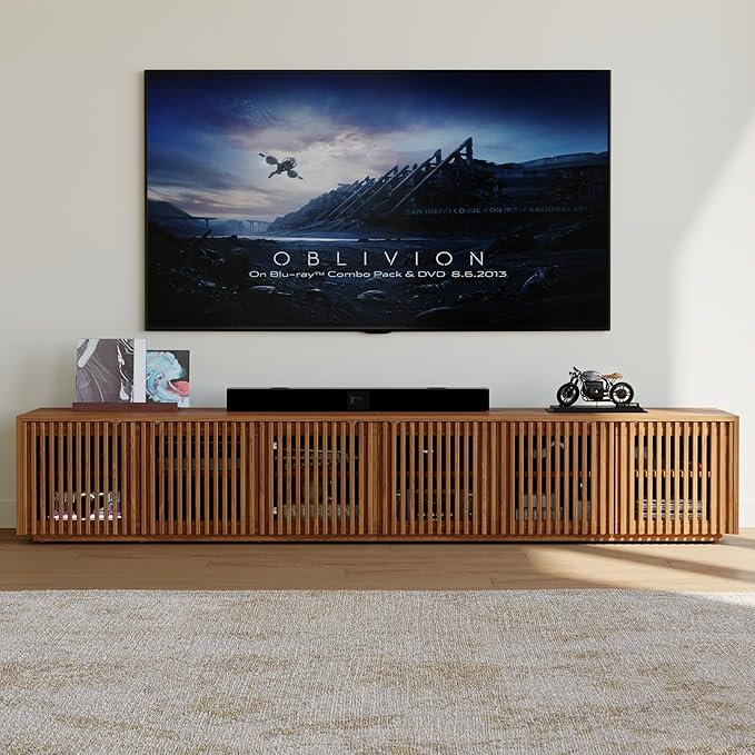 POVISON Full Assembled Mid Century Modern TV Stand, Wood Slatted Media Console