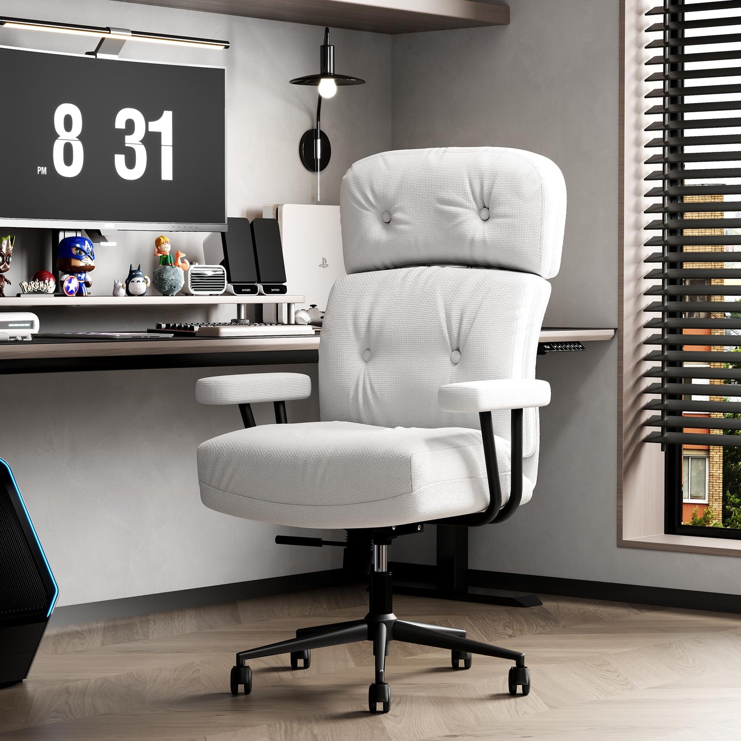 EIZIMZVU Home Office Chair with Adjustable Headrest, 5" Thick Cushion, High Back Swivel Desk Chair, Multiple Materials & Colors Faux Leather, Velvet Computer Chair (High-Back, 2282-Cloth-White)