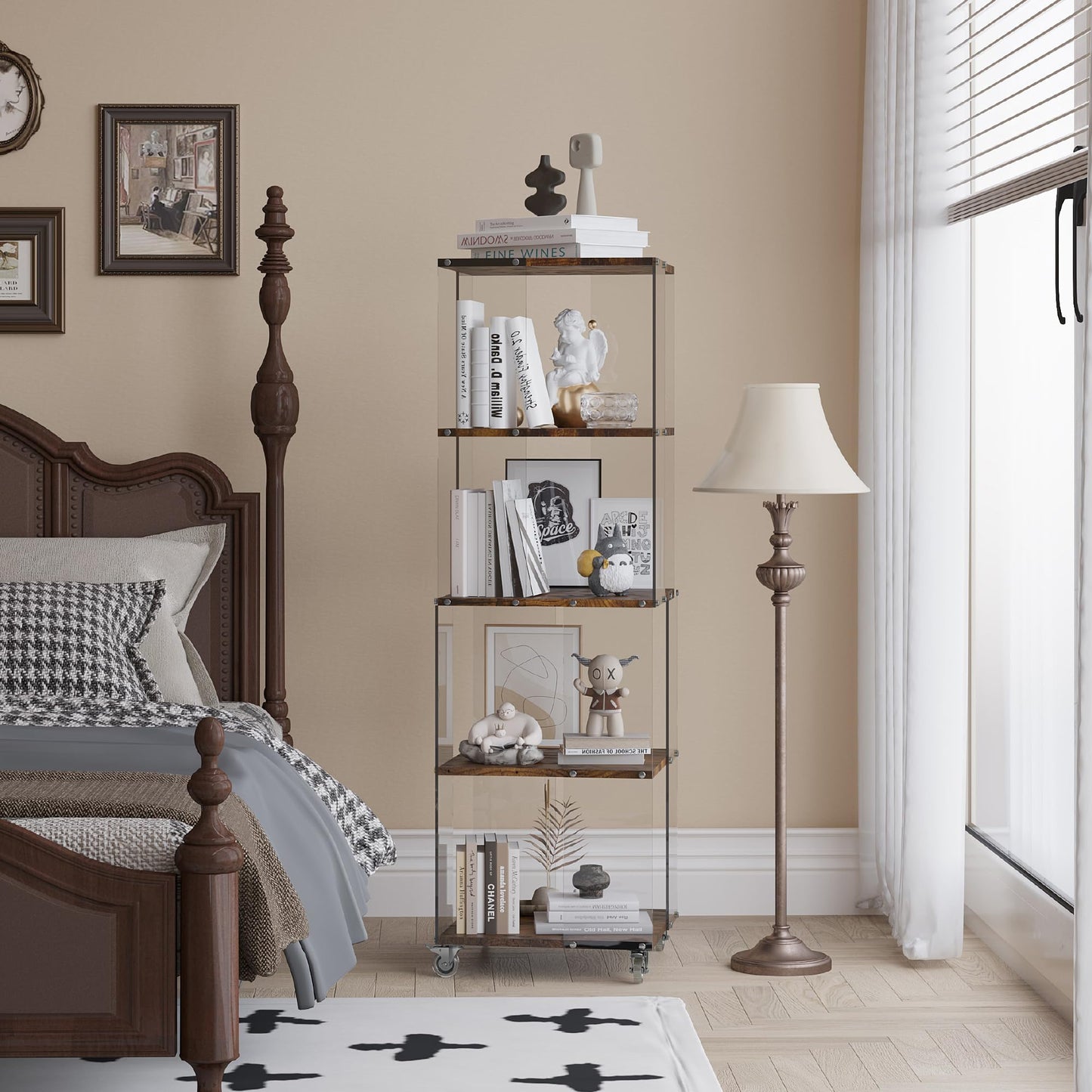 Sttoraboks 4 Tier Display Cabinet, Bookshelf, Bookcase, Display Shelf with Wheels, Floor Standing Curio Cabinet, Book Shelf with Acrylic and Wood, Display Case Trophy Case for Living Room Study