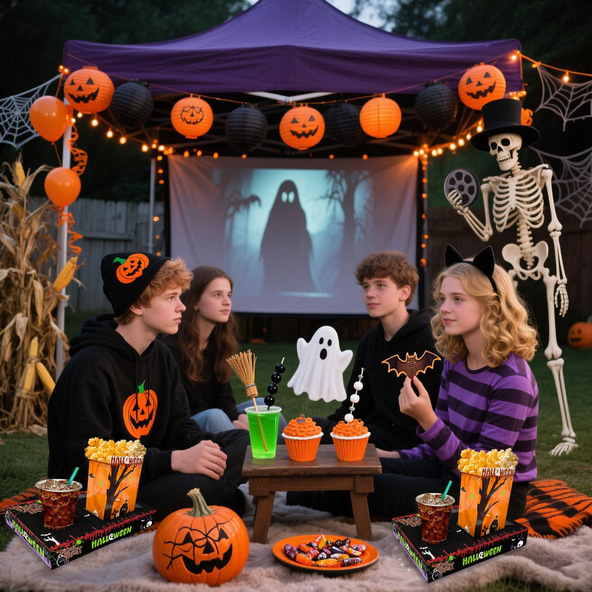 Movie Night Supplies(24pcs)-Neon Style Movie Night Snack Trays*12+Popcorn Buckets*12,Kid's Birthday Party,Game Night,Movie Night Snack Trays with Popcorn Bags. (Horror theme)