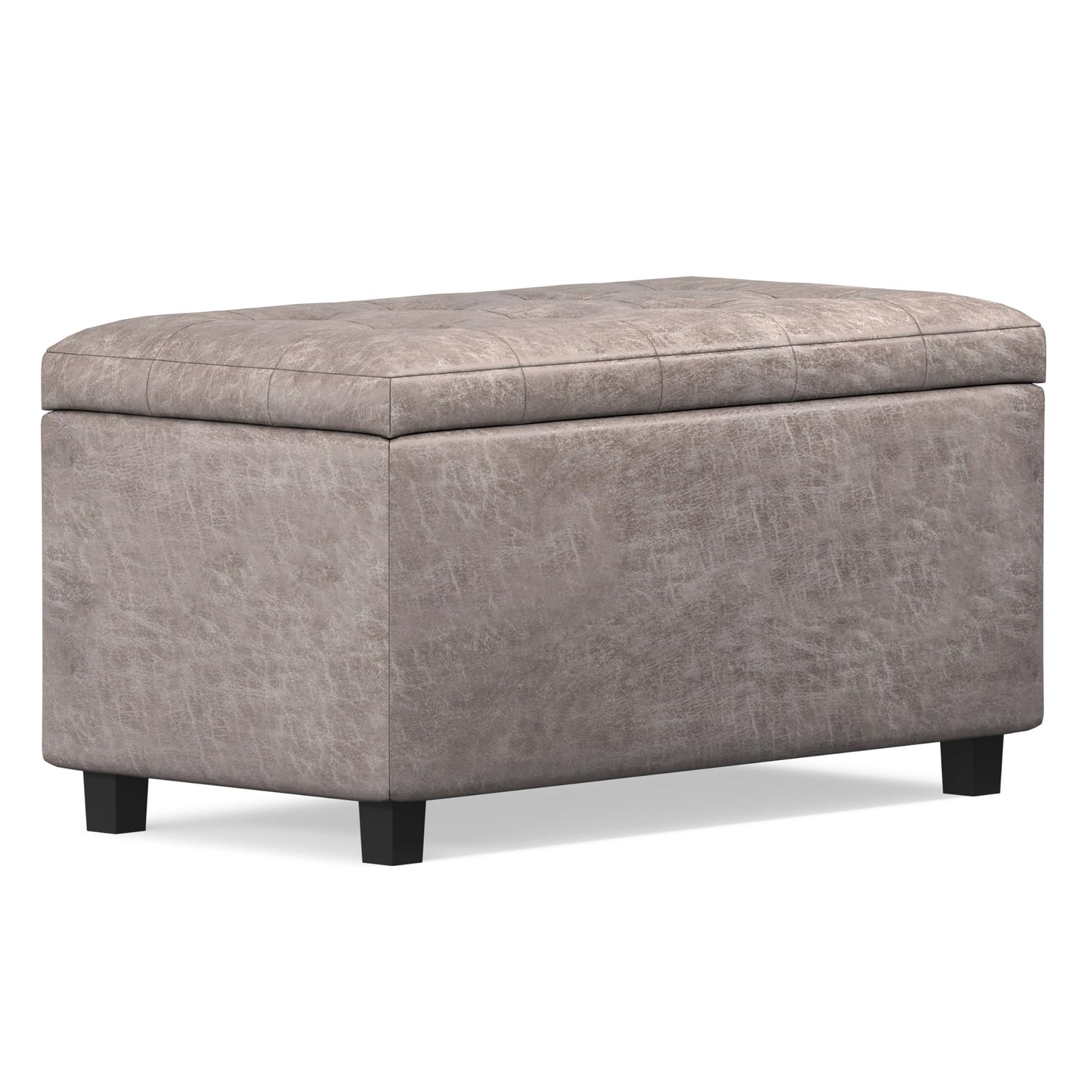 SIMPLIHOME Cosmopolitan Storage Ottoman - 34 inch Wide Upholstered Vegan Leather Rectangle Storage Ottoman Bench in Distressed Grey Taupe, Transitional Tufted Ottoman for Living Room with Lift-Up Lid