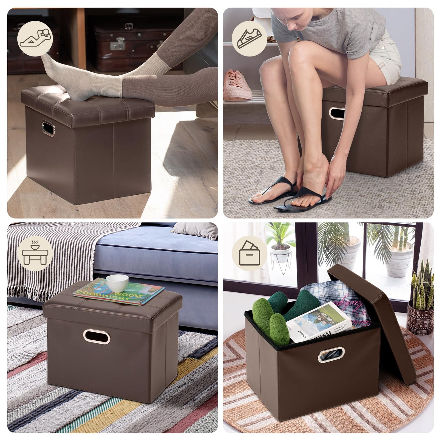 COSYLAND Ottoman with Storage Folding Leather Ottoman Footrest Foot Stool Brown Ottoman for Rooms Small Rectangle Collapsible Bench Furniture with Handles Lid 17x13x13in