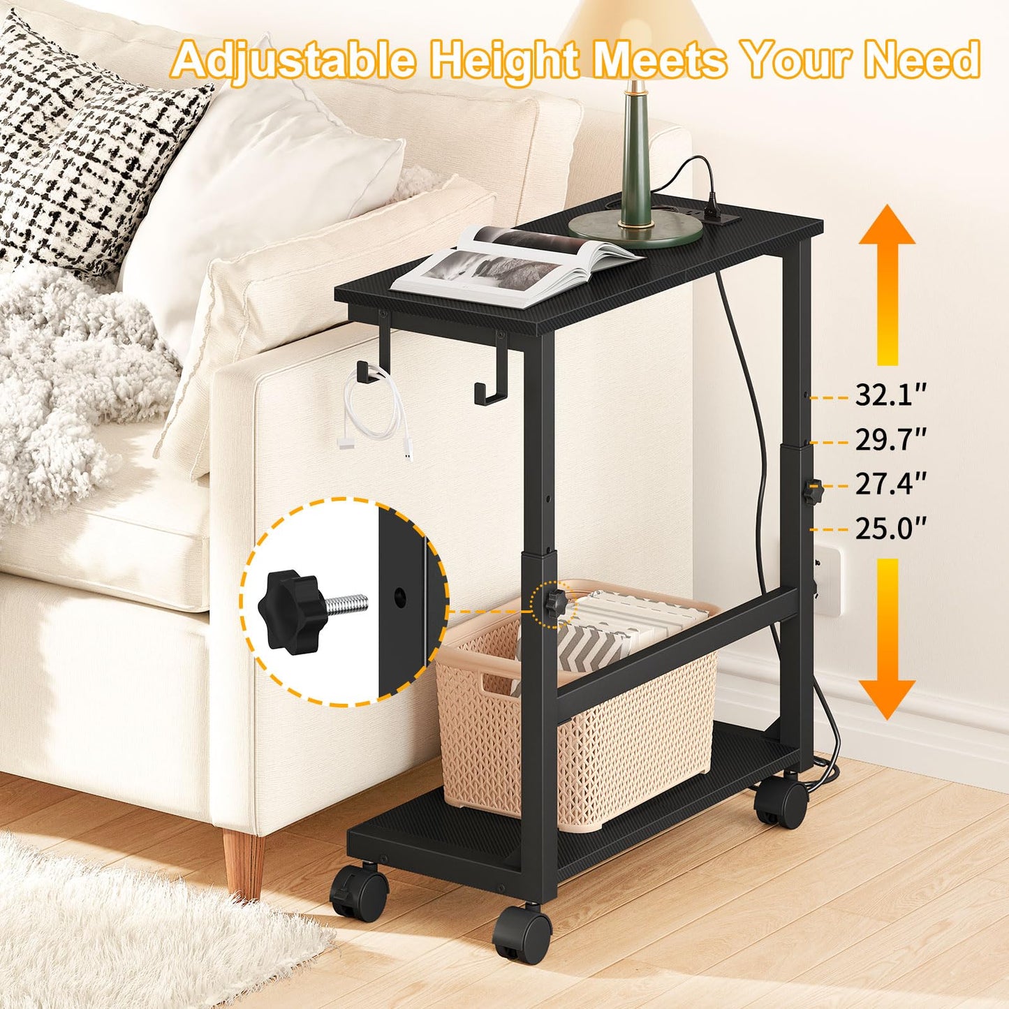 Snughome Computer Tower Stand with Charge Station, 25.0"-32.1" Height Ajustable PC Tower Stand for Floor, Mobile CPU Holder Cart for Carpet with Hooks, PC Cart for Gaming Office Home
