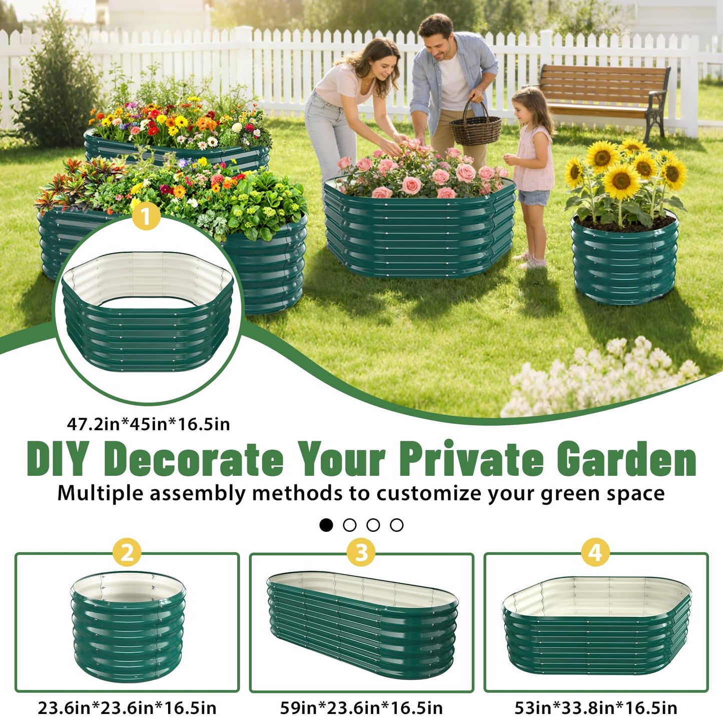 Hexagon Raised Garden Bed, 48 Inch Diagonal & 16.5 Inch Tall, Galvanized Steel Planter Box with Wave-Shaped Metal Panels for Outdoor Flower,Tree,Herb & Vegetable Garden (Dark green, 4FT X 1.5FT)