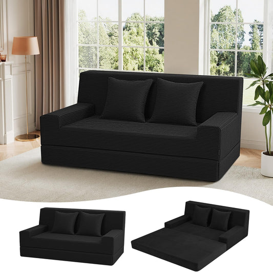 MeMoreCool Folding Sofa Bed Boneless Couch, 59" Loveseat Convertible Futon, Corduroy Foldable 2-in-1 Floor Sleeper for Small Living Room, Apartment, Guest Room, Foam Support & Washable Cover, Black