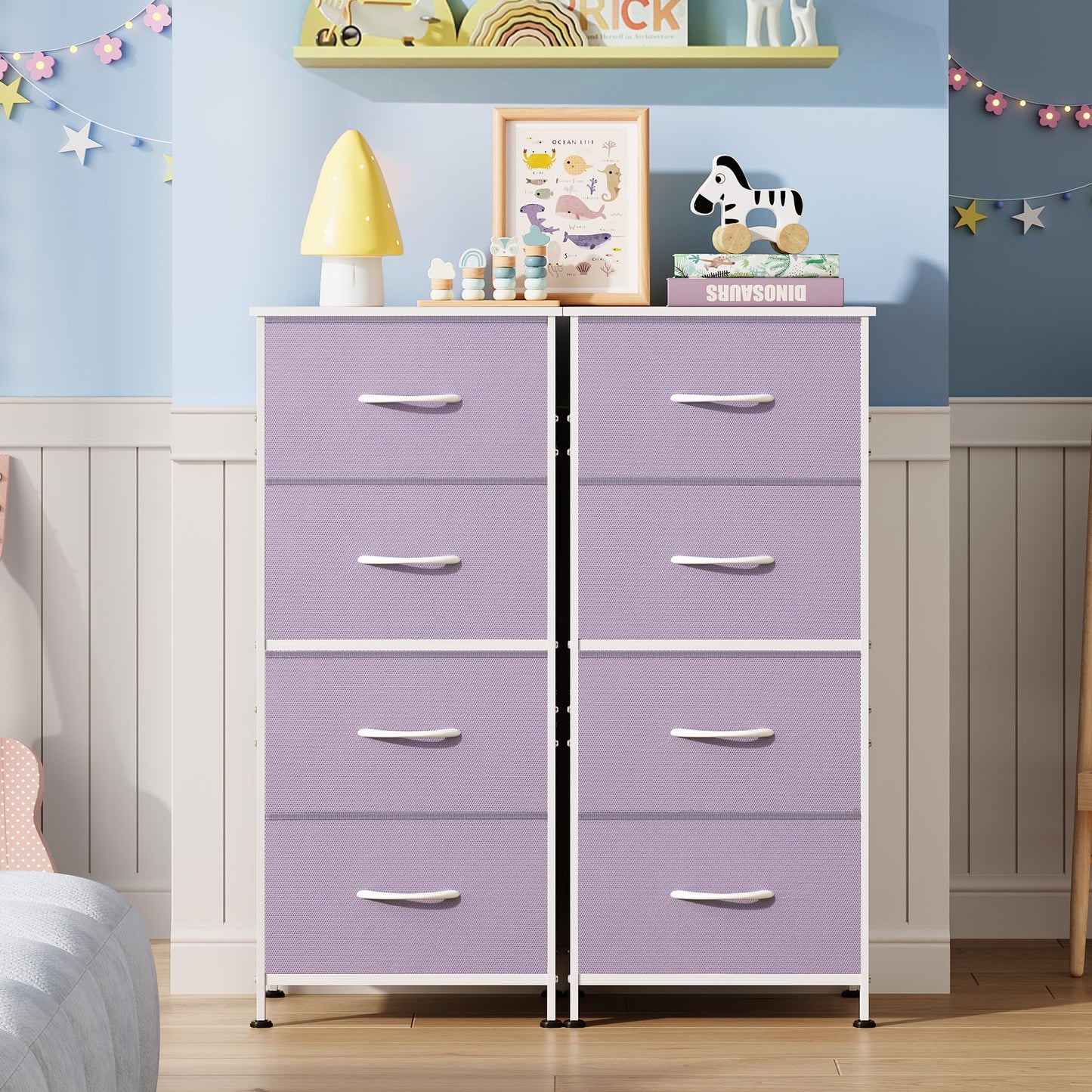 WLIVE Dresser with 4 Drawers, Storage Tower, Organizer Unit, Fabric Dresser for Bedroom, Hallway, Entryway, Closets, Sturdy Steel Frame, Wood Top, Easy Pull Handle, Purple