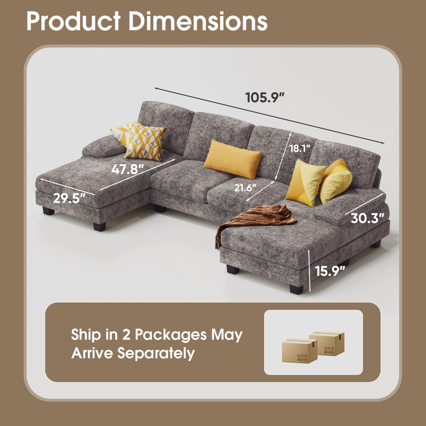 BYAZET Sectional Couches for Living Room, U-Shaped Sofa Couch with Linen Fabric, 4 Seat Sofa Set with Double Chaise for Apartment (Fabric, Grey)