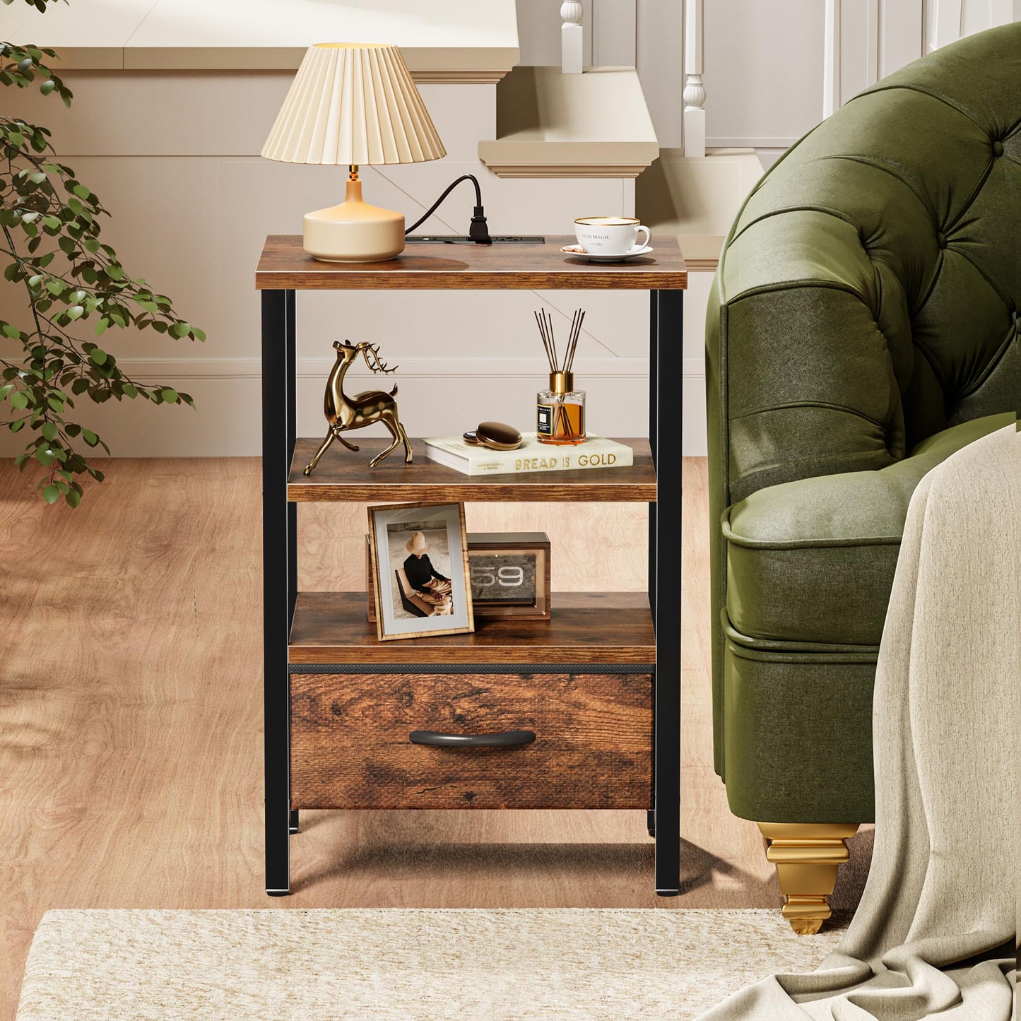 SUPERJARE Nightstand with Charging Station, Bed Side Table with Adjustable Fabric Drawer, Night Stand for Bedroom, 3-Tier Storage End Table, for Living Room, Rustic Brown