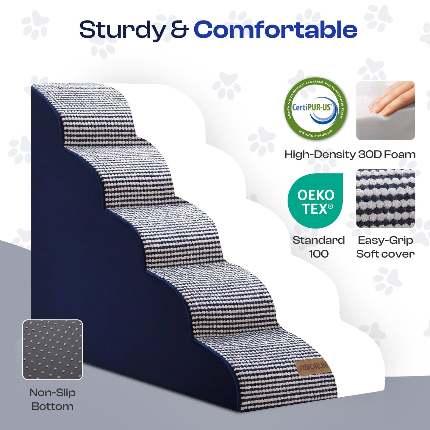 Curved Dog Stairs for High Bed Up to 26", 5-Step Dog Ramp for Small Dogs with Washable Cover, Non-Slip Steps for Cats to Get on Couch and Sofa, Durable Foam Ladder for Medium Breeds, White Navy