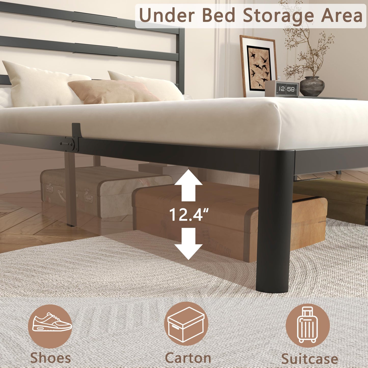 ZKQ 14 Inch Full Bed Frame with Headboard, Black Metal Full Size Bed Frame, No Box Spring Need, Anti-Slip Gaskets, Noise-Free, Heavy Duty Steel Platform Support, Easy Assembly