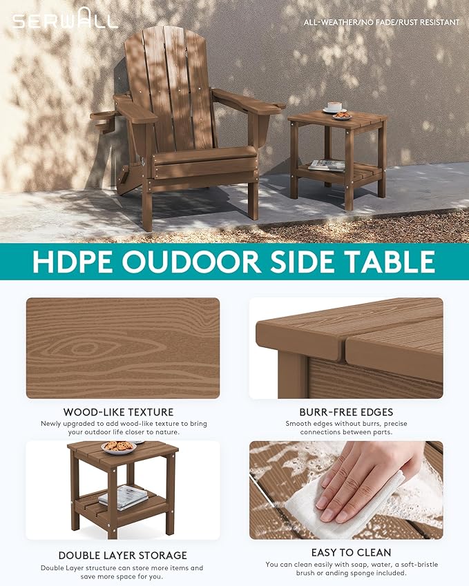 SERWALL 2-Tier HDPE Outdoor Side Table, Weatherproof Rectangular Adirondack