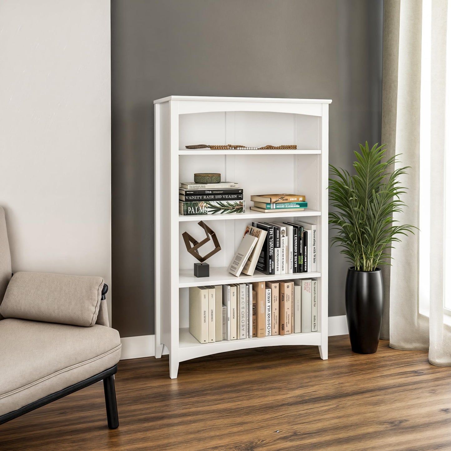 Camaflexi Shaker Style 4 Shelf Bookcase / Solid Wood / 48 inch High / Adjustable Shelving / Closed Back / Display Bookshelf for Living Room, Bedroom, Home and Office, White