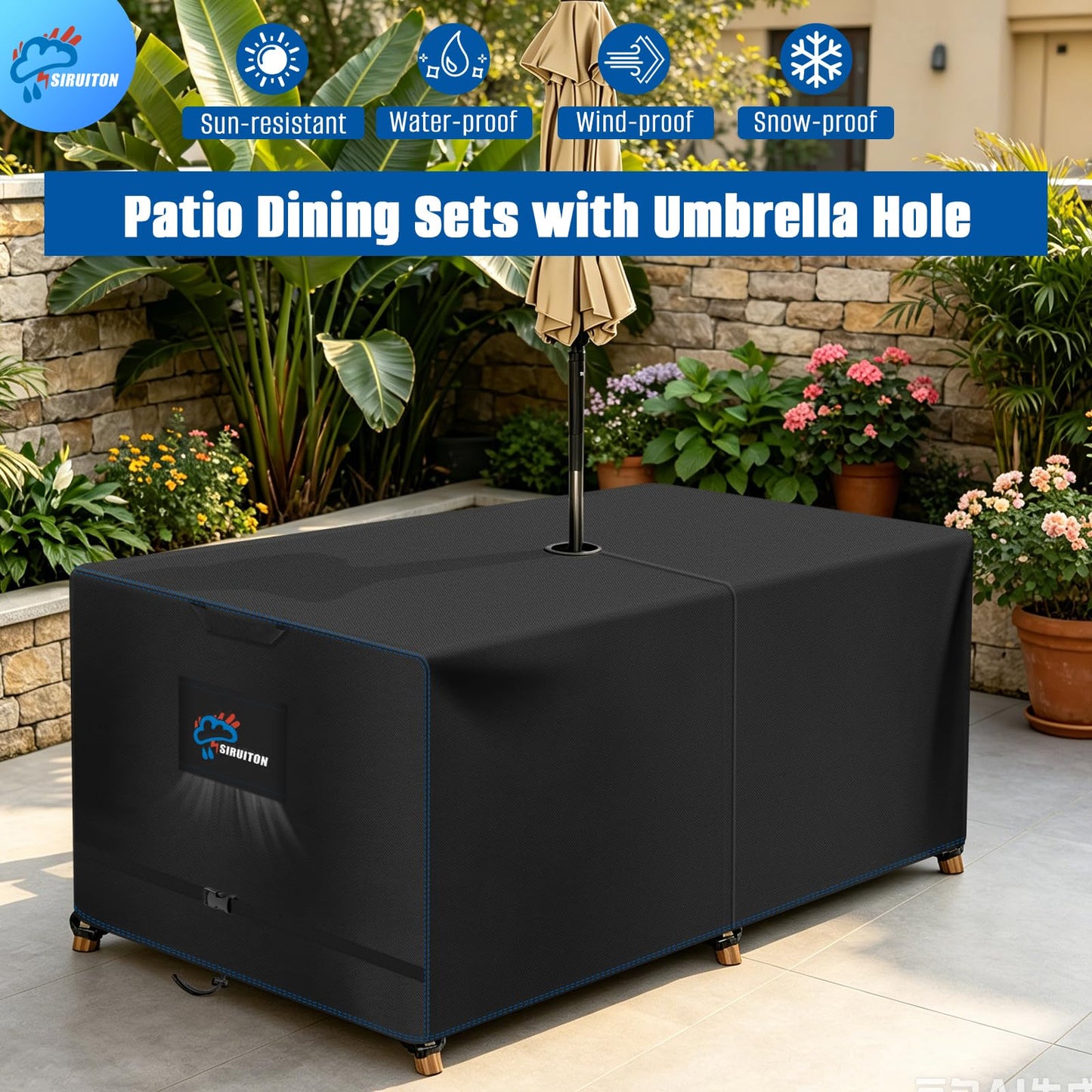SIRUITON Rectangle Patio Table Cover with Umbrella Hole 108" L X 82" W X 23.6" H (COVER SIZE，NOT TABLE SIZE) Heavy Duty 600D Oxford Fabric Outdoor Waterproof Lawn Patio Furniture Covers