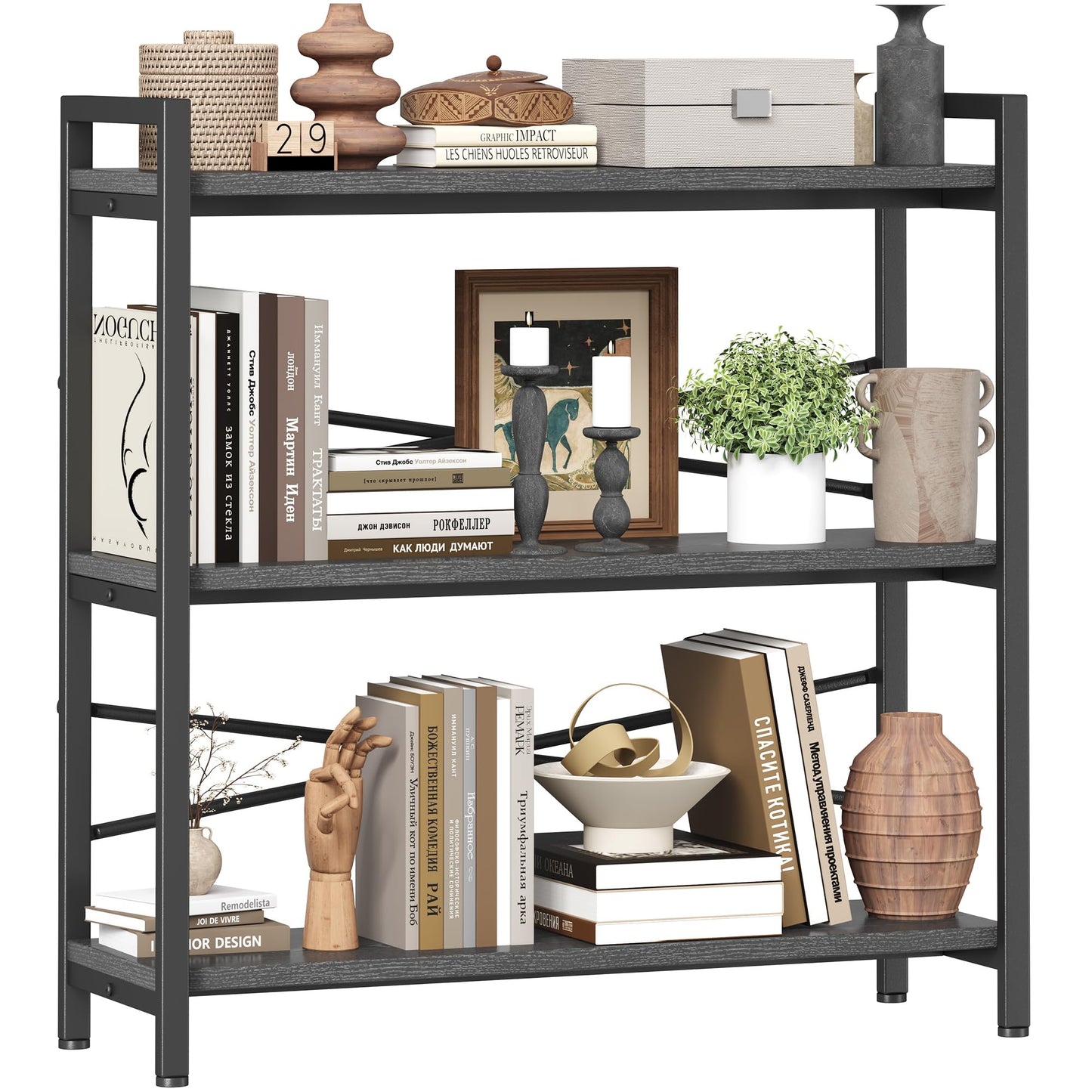 Book Shelf, 3 Tier Bookshelf 31.49" Width, Book Shelf Storage and Organization, Wooden and Metal Industrial Bookcase, Large Book Shelves for Home Living Room Bedroom Office Storage(Grey)