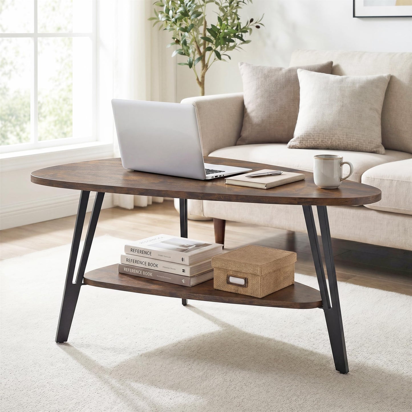 MWOOD Triangle Coffee Table, 33.5″‌Industial Center Table with Brown Top Surface&Black Metal Leg, Extra Storage Shelf for Living Room, Apartment(Rustic Brown&Black)