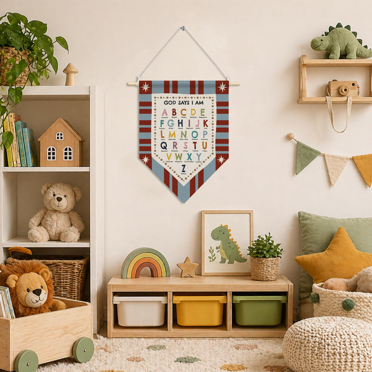 RUKUPA Christian Nursery Wall Art Decor, Alphabet Classroom Hanging Pennant Flag, God Says I Am Bible Verse Religious Wall Art Poster Hanger for Kids Room Bedroom Playroom Classroom Decor, 11x15 Inch