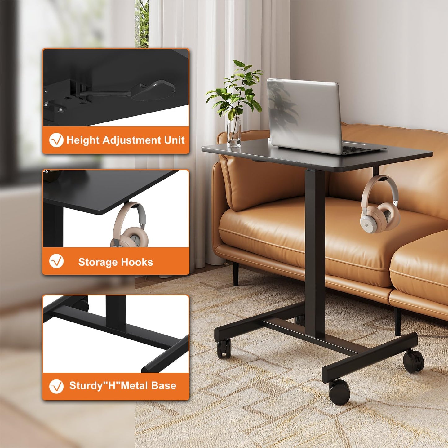 Gamork 18.9 * 25.6 inch Mobile Standing Desk,T Shaped Pneumatic Adjustable Height Stand Up Desk,with Lockable Wheels,Ergonomic Standing Side Table for Home Office Work Computer Workstation Black+Gray
