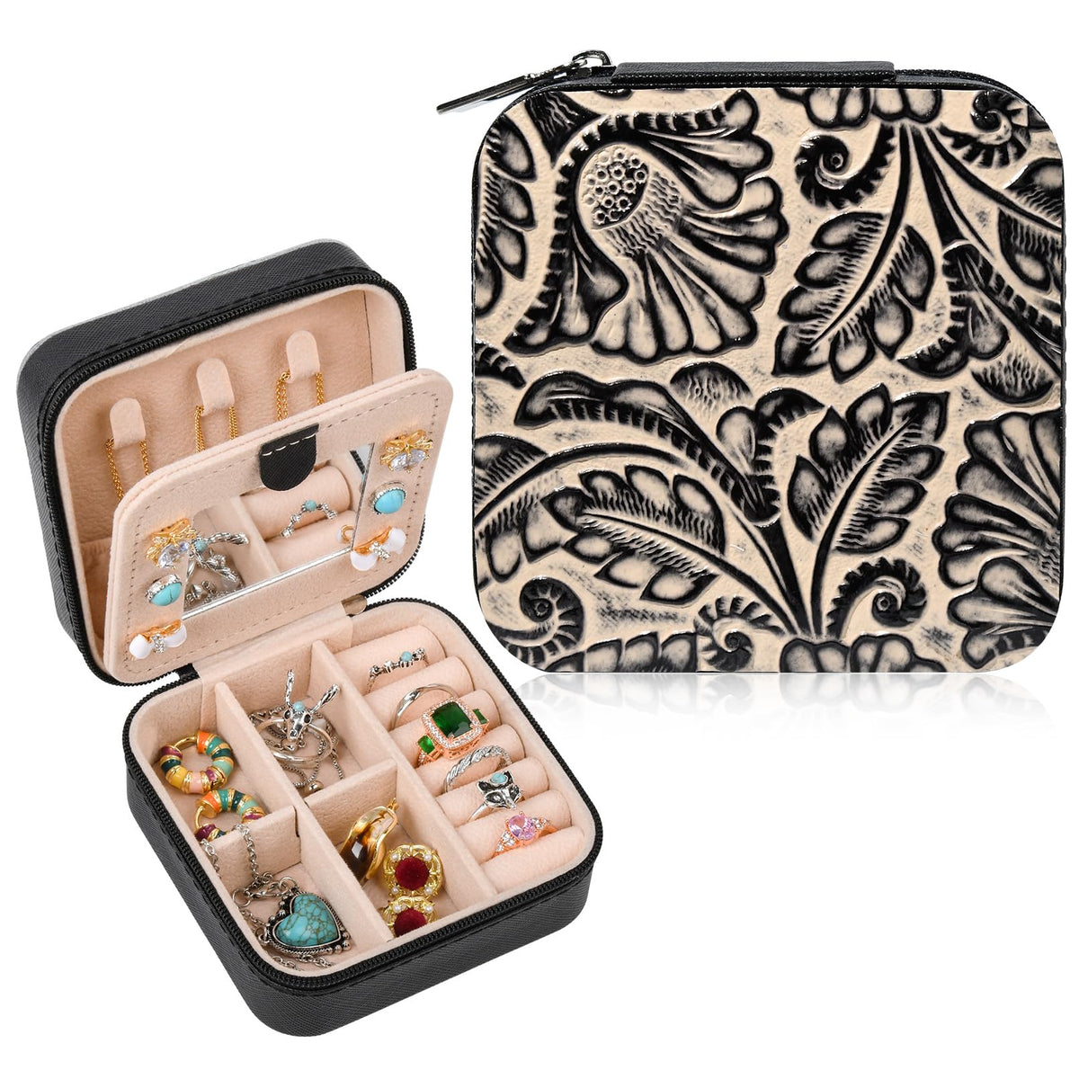DEEKA Western Jewelry Box Case Real Leather Black and Beige Embossed Tooled Travel Jewelry Organizer Gifts Christmas Gifts for Women Country Girls Cowgirl Stuff Portable Travel Accessories -Black