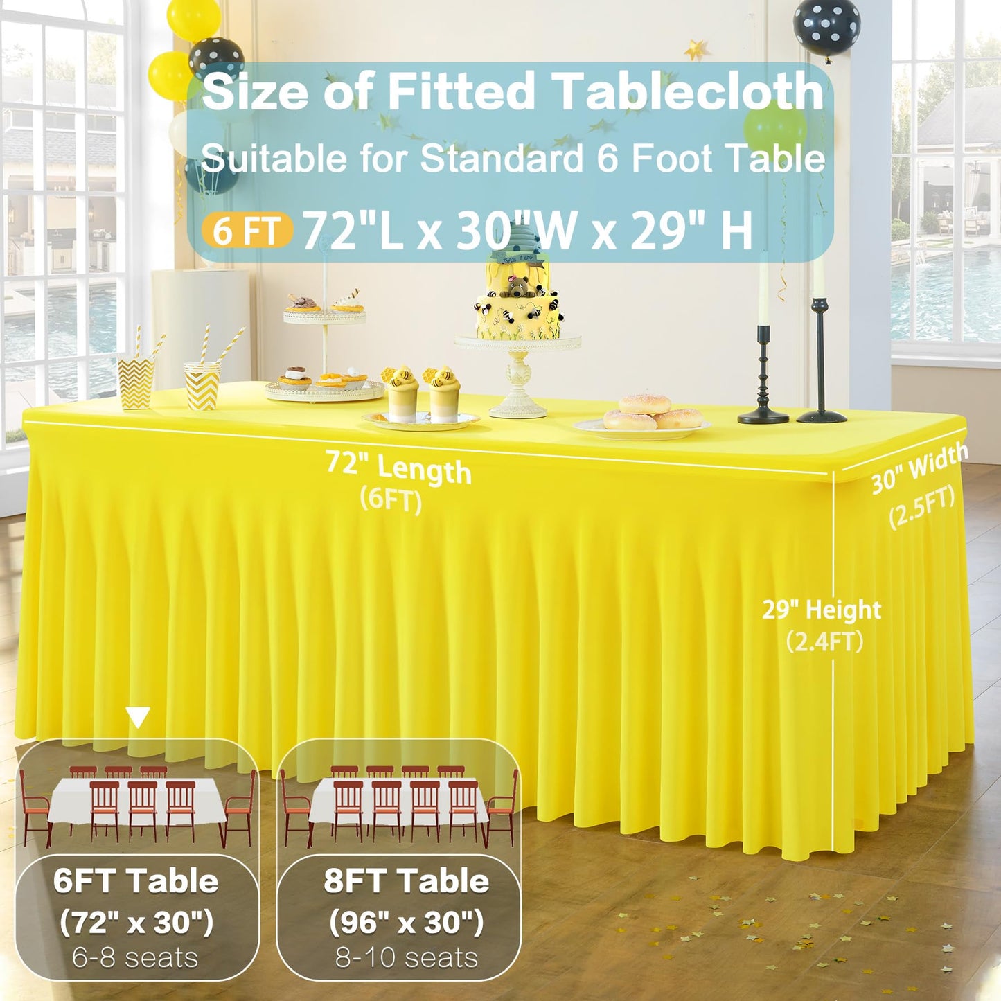 2 Pack Yellow Spandex Table Clothes for 6 Foot Rectangle Tables, Wrinkle Free Lemon Fitted Table Cover 6ft Stretch Tablecloths Desk Skirt for Parties Weddings Birthday Banquet Baby Shower