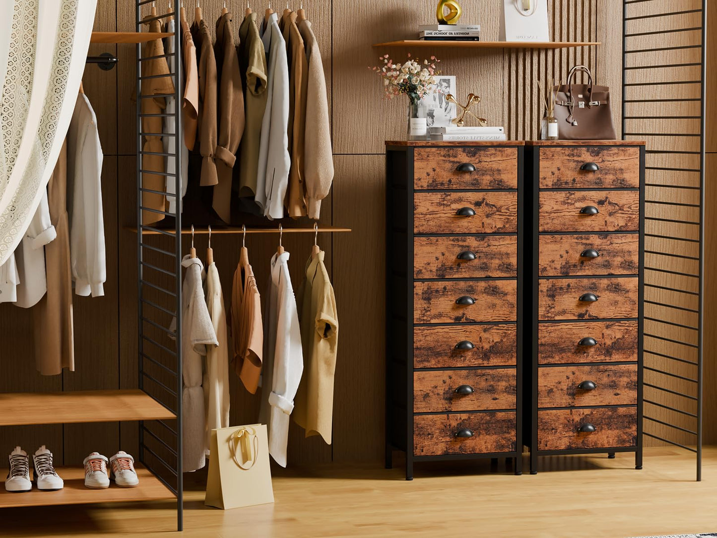 Furnulem Bedroom Dresser with 7 Drawers,Tall Industrial Fabric Chest of Drawers, Vertical Storage Tower Bedside Furniture in Living Room,Closet,Entryway-Sturdy Steel Frame(Rustic Brown)