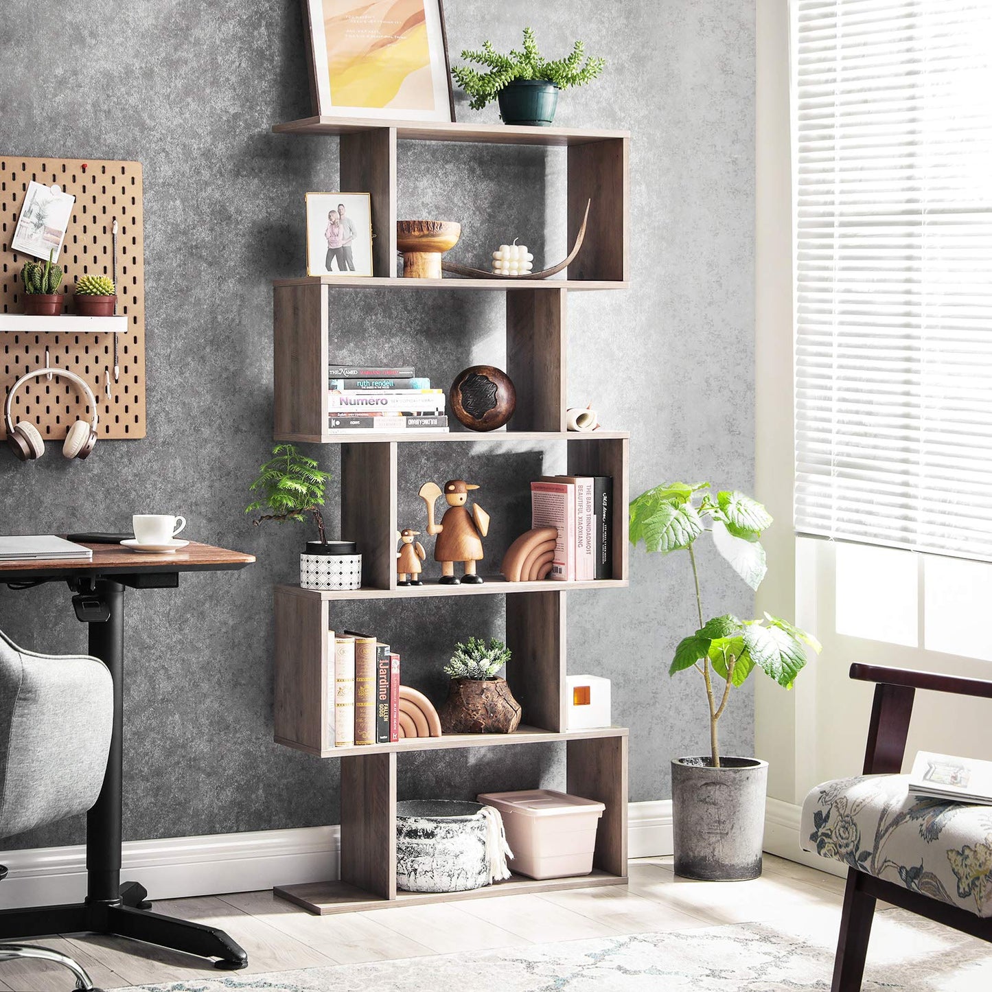 VASAGLE Wooden Bookcase, Display Shelf and Room Divider, Freestanding Decorative Storage Shelving, 5-Tier Bookshelf, Greige ULBC062M01 9.4D x 27.6W x 62.6H in