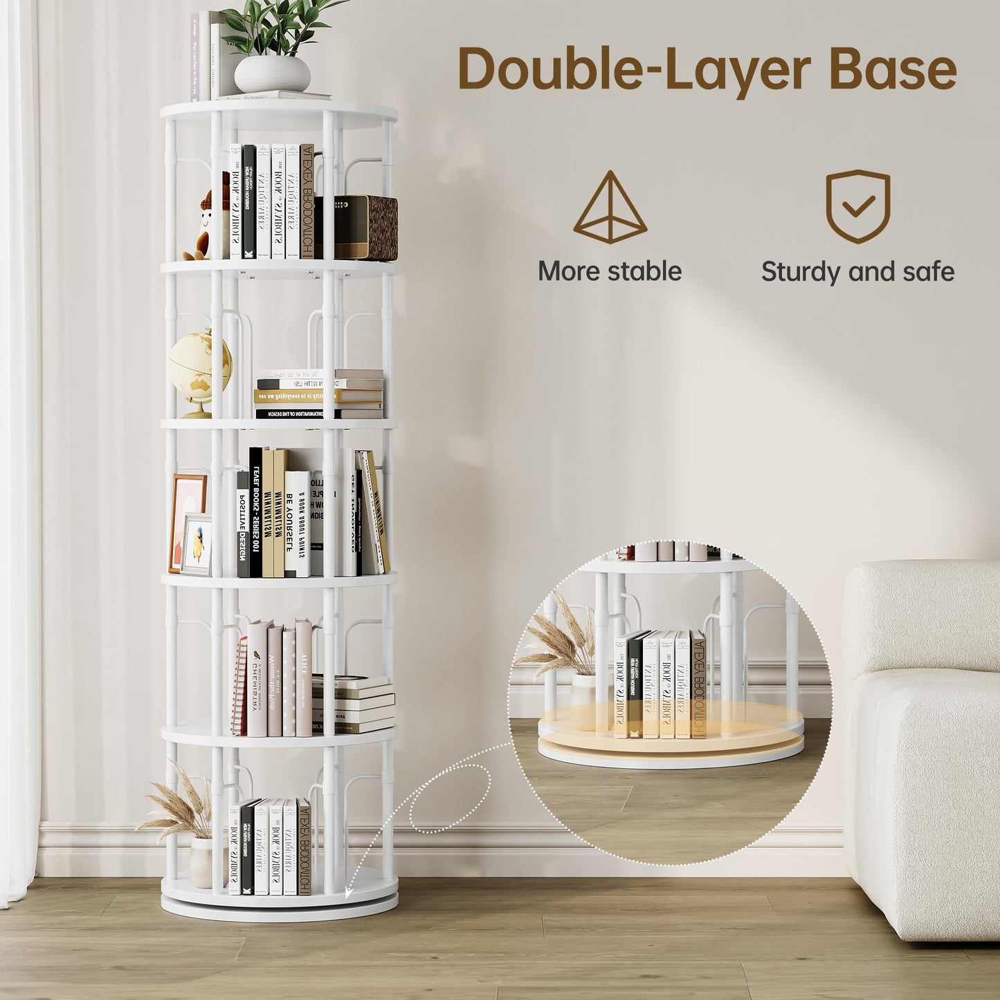 iabifo 5-Tier Tall Rotating Bookshelf, 360°Spinning Swivel Bookcase Tower, Vertical Floor Standing Revolving Round Book Shelf Organizer for Small Spaces, Corner, Living Room, Bedroom, White
