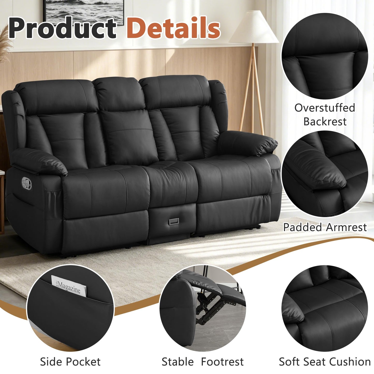 AHMED Reclining Loveseat with Console, Manual Double Recliner Sofa with USB Ports, Cup Holders and Side Pockets, Faux Leather Home Theater Seating Couch for Living Room, Black