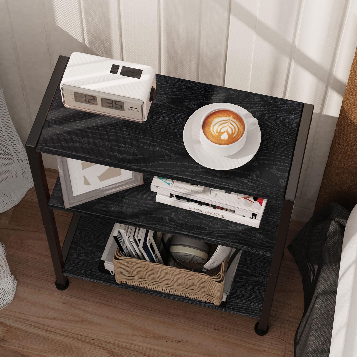 Vantimo 3-Tier Side Table, Small EndTable, Sofa SideTable for Narrow Spaces, Slim EndTable, NightstandTable, Skinny Bedside Table, for Living Room, Bedroom, Office, Black