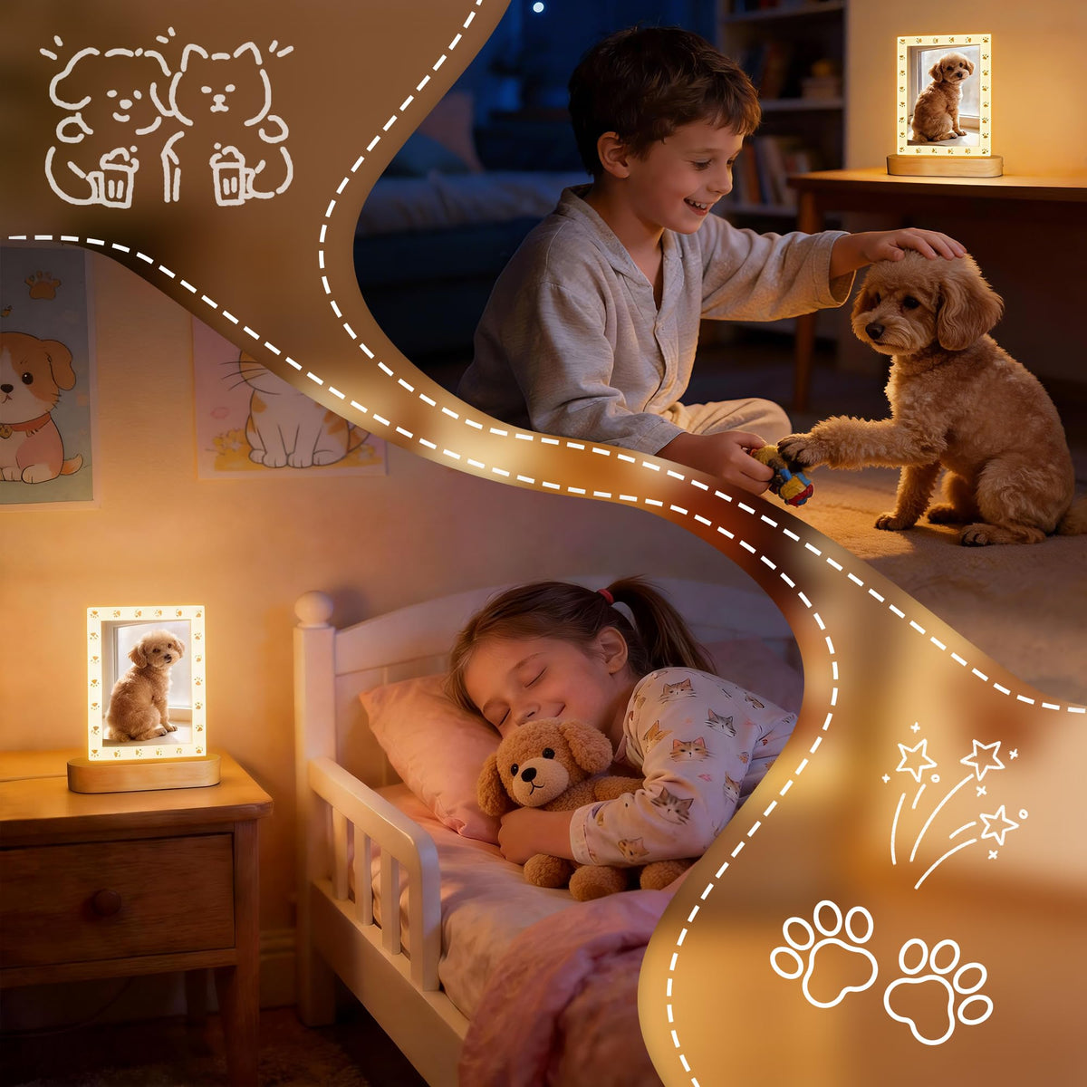 Dog Photo Frame with LED Night Light, Pet Memorial Gifts Light up Picture Frame Paw Prints Design, Personalized Sympathy Gift for Loss of Dog Cat Owner, Home Tabletop Decor for Pet Lovers (4x6 inchs)