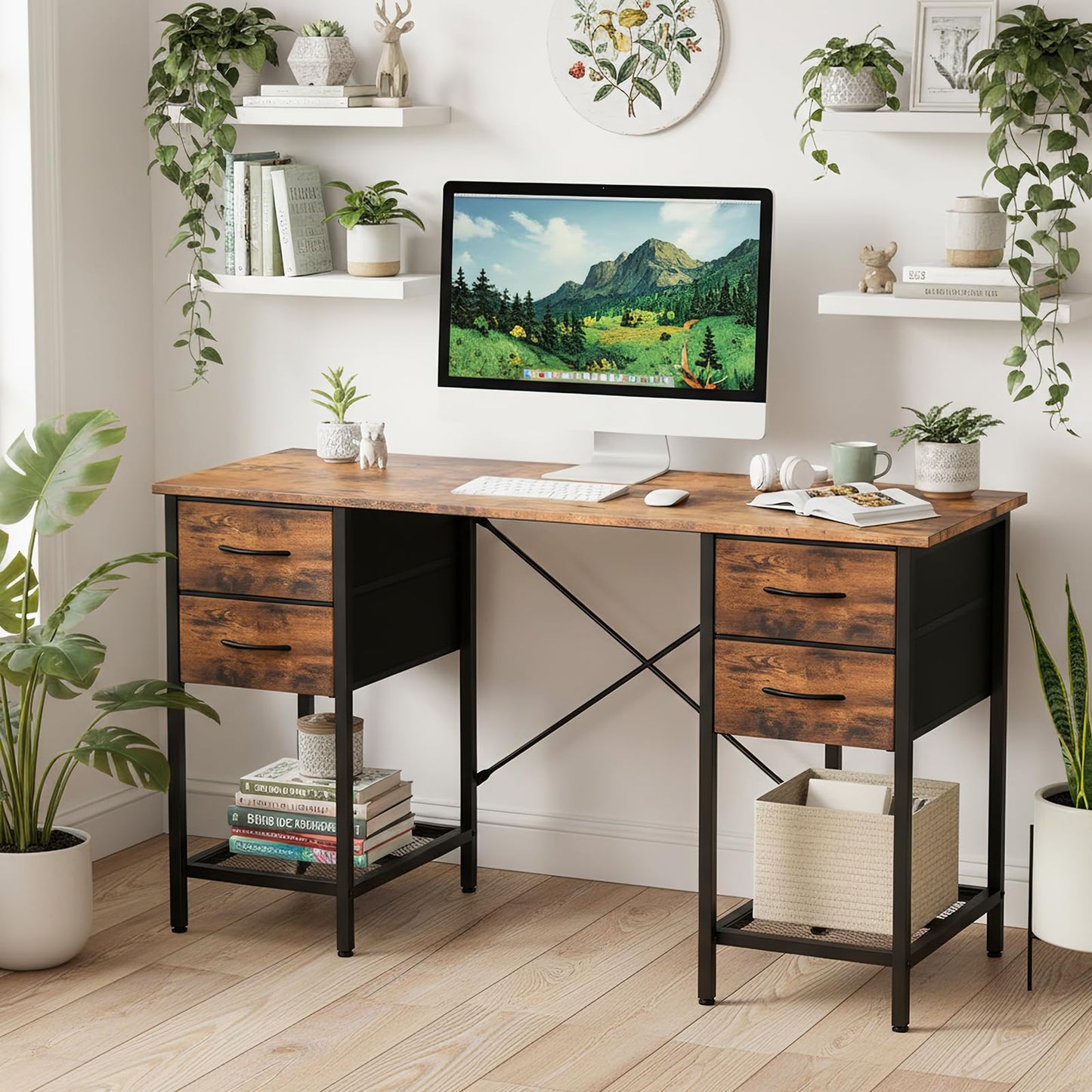 Sweetcrispy Computer Desk with Drawers 55 Inch Home Office Bedroom Table 4 Fabric Drawers 2 Mesh Storage Shelves Wood X-Shaped Writing Study PC Desk Workspace Side Hook Metal Frame Organizer Brown