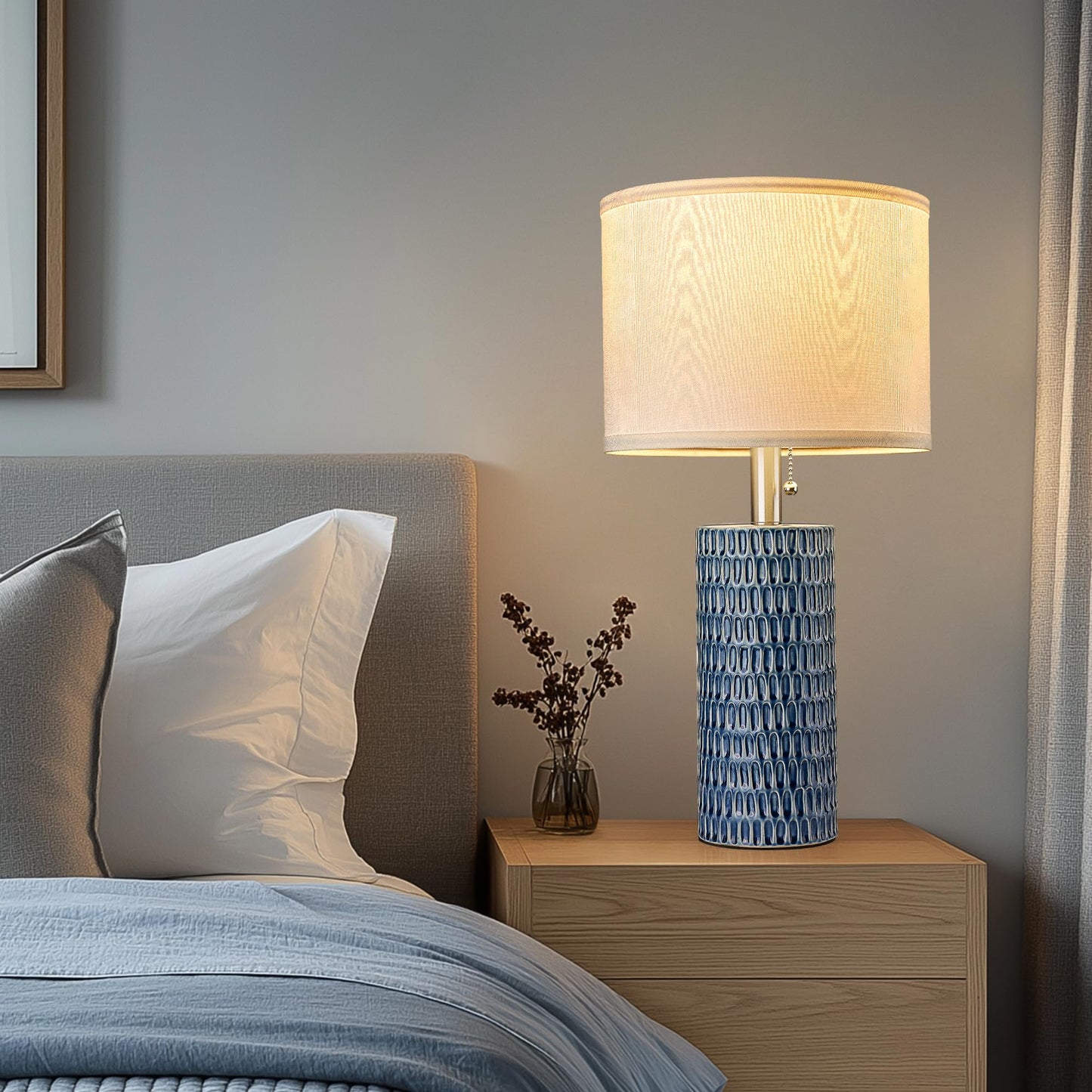 Reaketon Table Lamps for Living Room Set of 2, Ceramic Table Lamps for Bedroom, 20" Modern Lamps for Night Stands, Dark Blue
