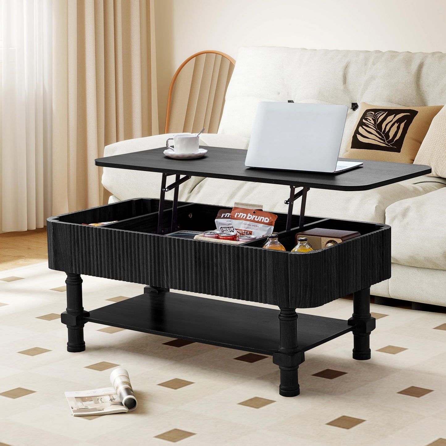 39”Large Lift Top Coffee Table with Hidden Storage Compartment,Fluted Coffee Tables Fully Assembled Wooden Center Table,Mid Century Modern Lift Tabletop Dining Table for Living Room Home Office,Black