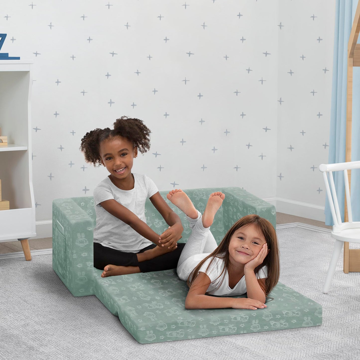 Delta Children - Serta Perfect Sleeper Kids 2-Seater Sofa, Convertible 2-in-1 Flip Open Toddler Couch Sleeper, Foam Chair for Playroom & Bedroom, Bed Lounger, Comfy Play Sleeping Lounge Chair, Sage
