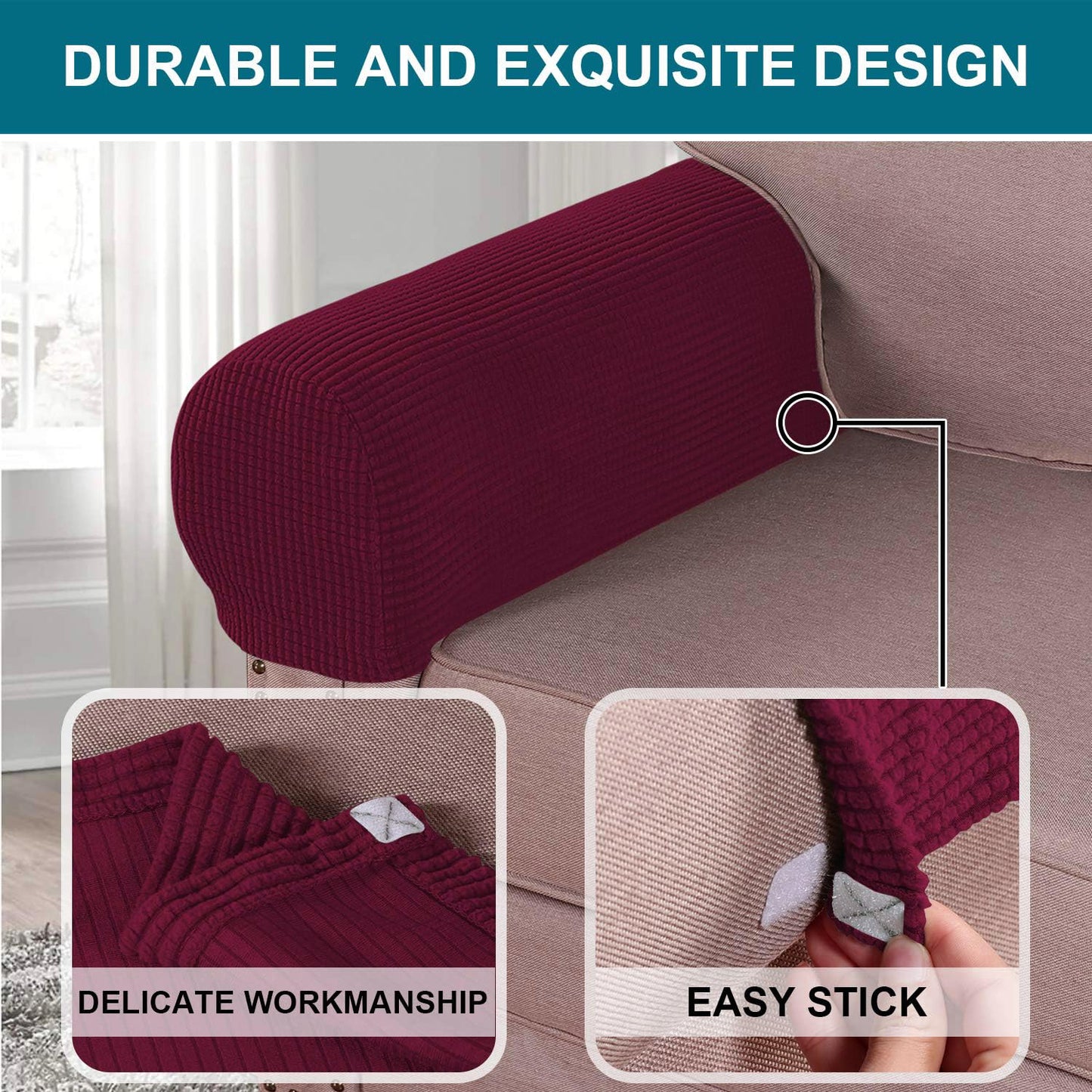 Turquoize Stretch Armrest Covers for Chairs and Sofas Couch Arm Covers for Sofa Spandex Jacquard Armrest Cover Anti-Slip Furniture Protector Armchair Slipcovers for Recliner Set of 2,Burgundy