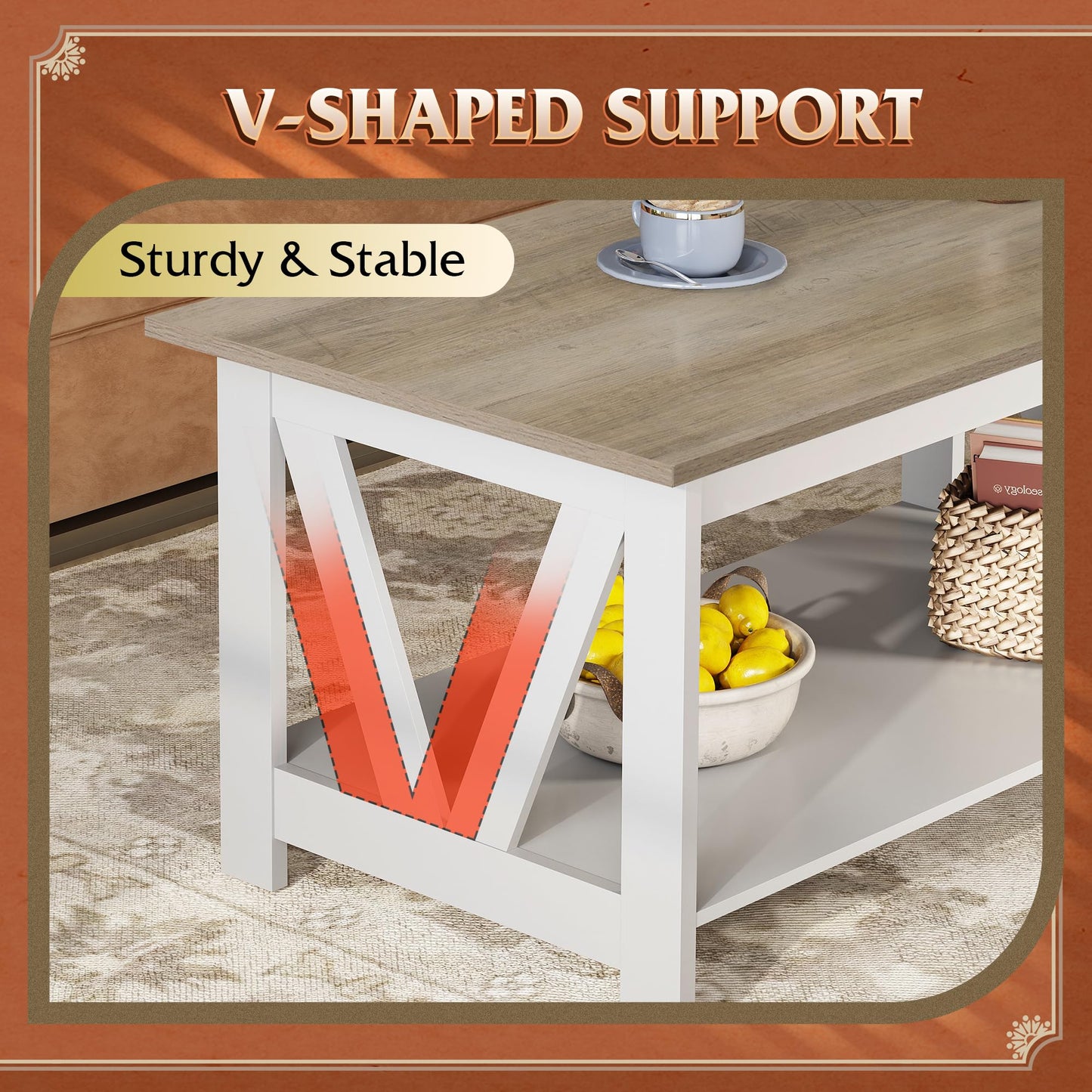 WLIVE Coffee Table for Living Room with Storage Shelf, 39.4" Farmhouse Coffee Table with V-Frame Support, 2-Tier Wood Rustic Center Table for Home Office, Apartment, Greige & White