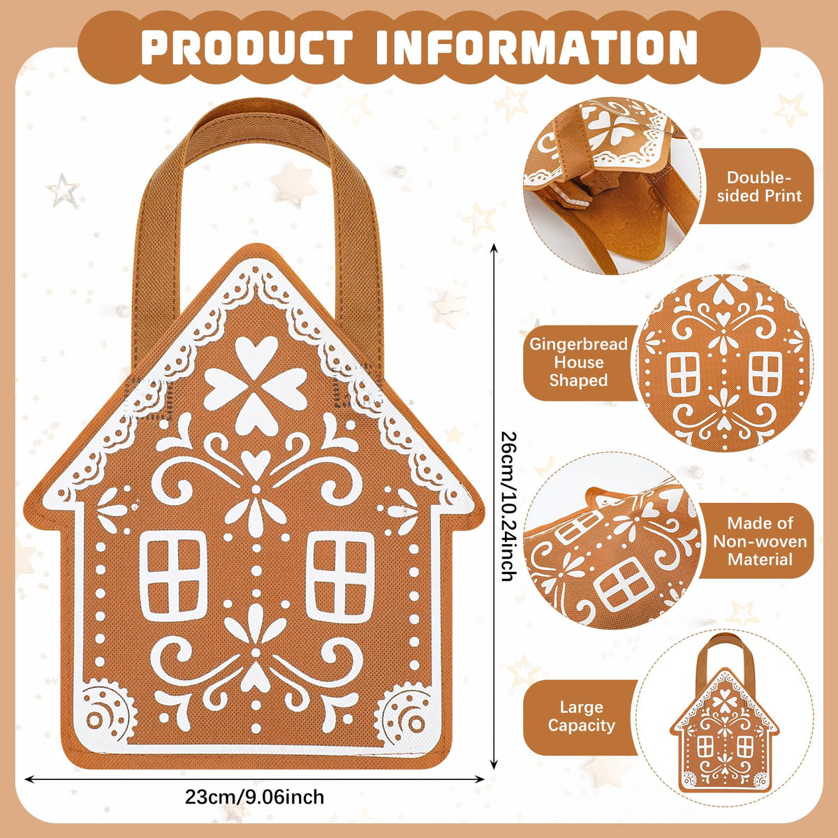 Silkfly 48 Pcs Non Woven Gingerbread House Christmas Tote Bags with Handles Gingerbread House Shape Gifts Candy Goodies Treats Bags for Xmas Holiday Party Favors