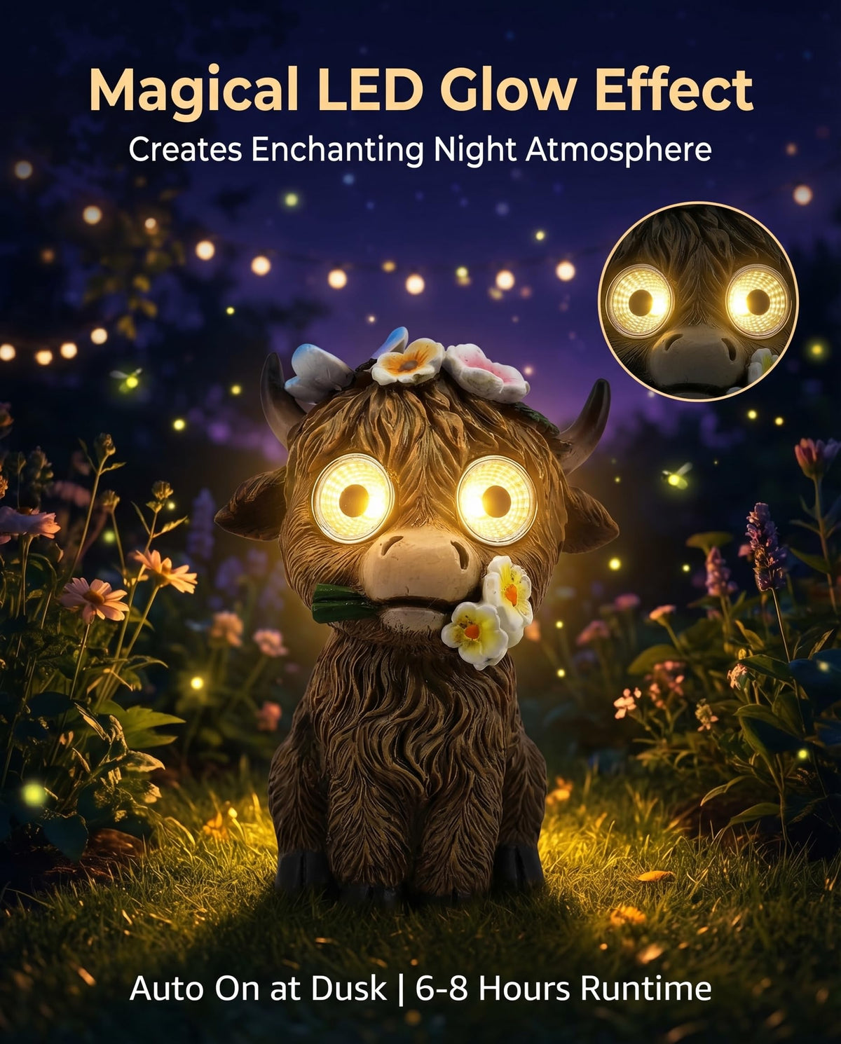 2 Solar Cow Garden Statues with Lighted Eyes – Cute Highland Cow Outdoor Decor, Waterproof Resin Animal Figurines for Yard, Patio, Lawn & Gifts (2-Pack)