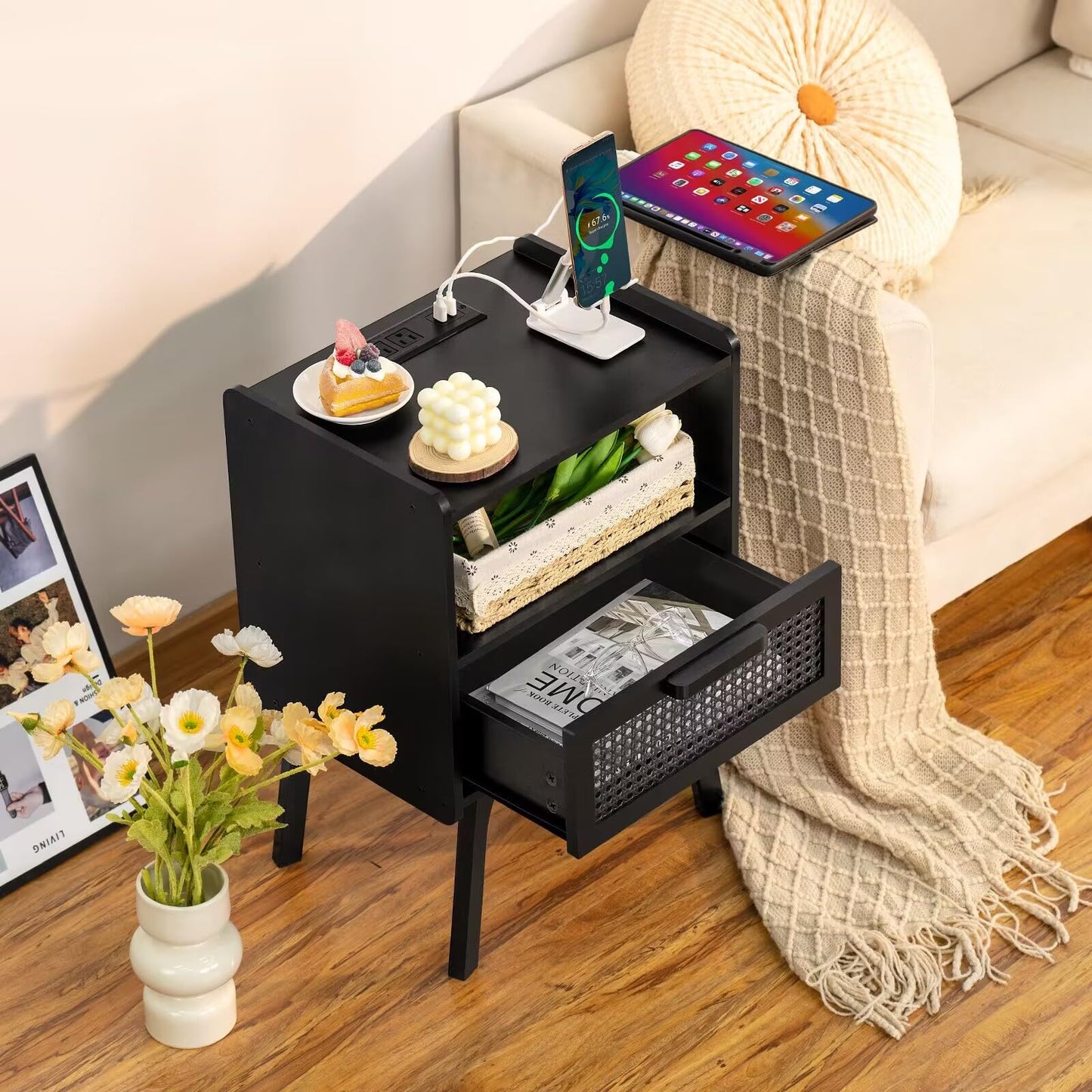 Lerliuo Rattan Nightstand with Charging Station, Side Table with Drawer Open Shelf, Cane Bedside End Table with Solid Wood Legs, Mid Century Night Stand for Bedroom, Dorm and Small Spaces (Black)
