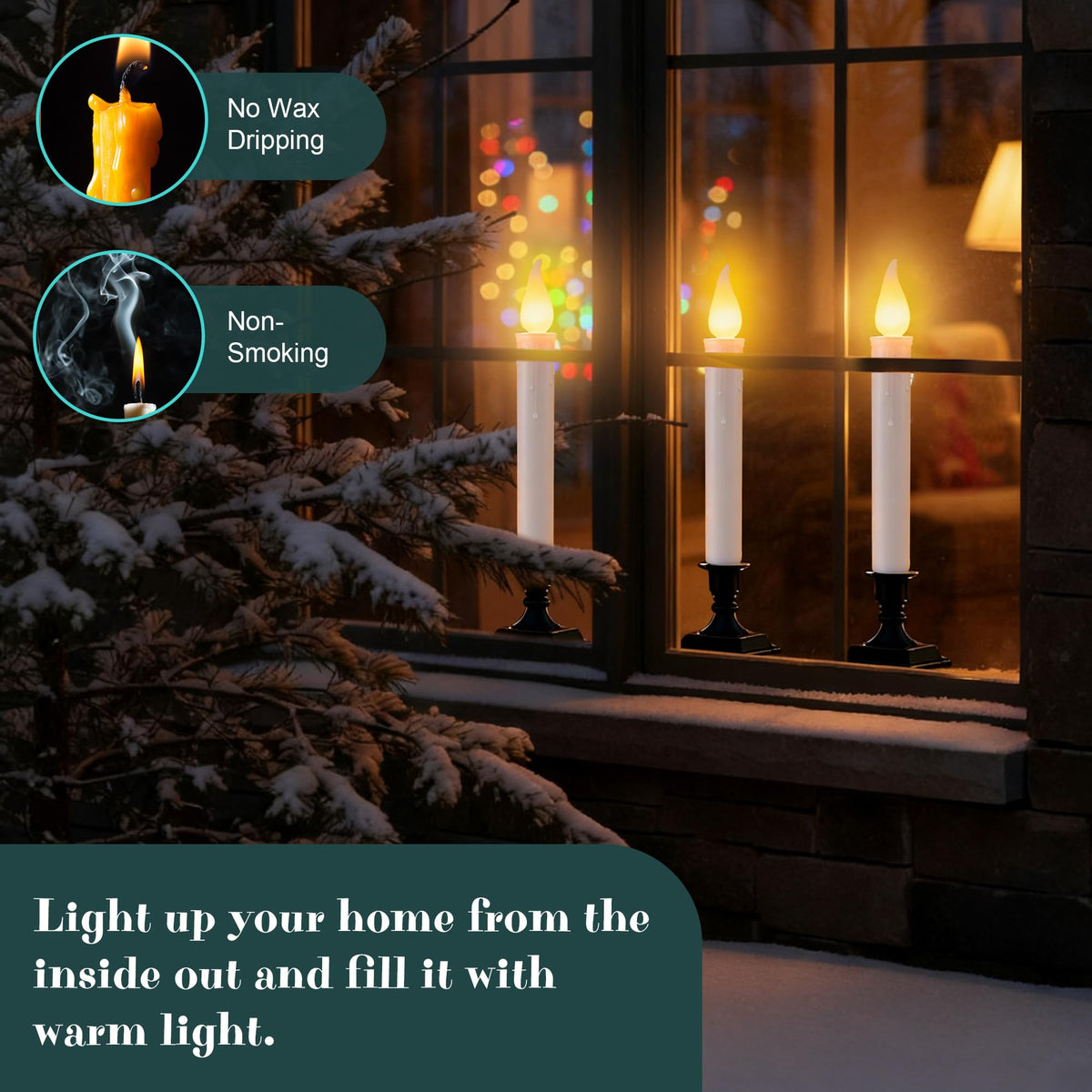 Enhon 6 Pack Battery Operated LED Window Candles, Dusk to Dawn Light Sensor, with Black Holders and Suction Cups, Ivory Christmas Window Candles, Amber Flicker Flame (Batteries AA Included)
