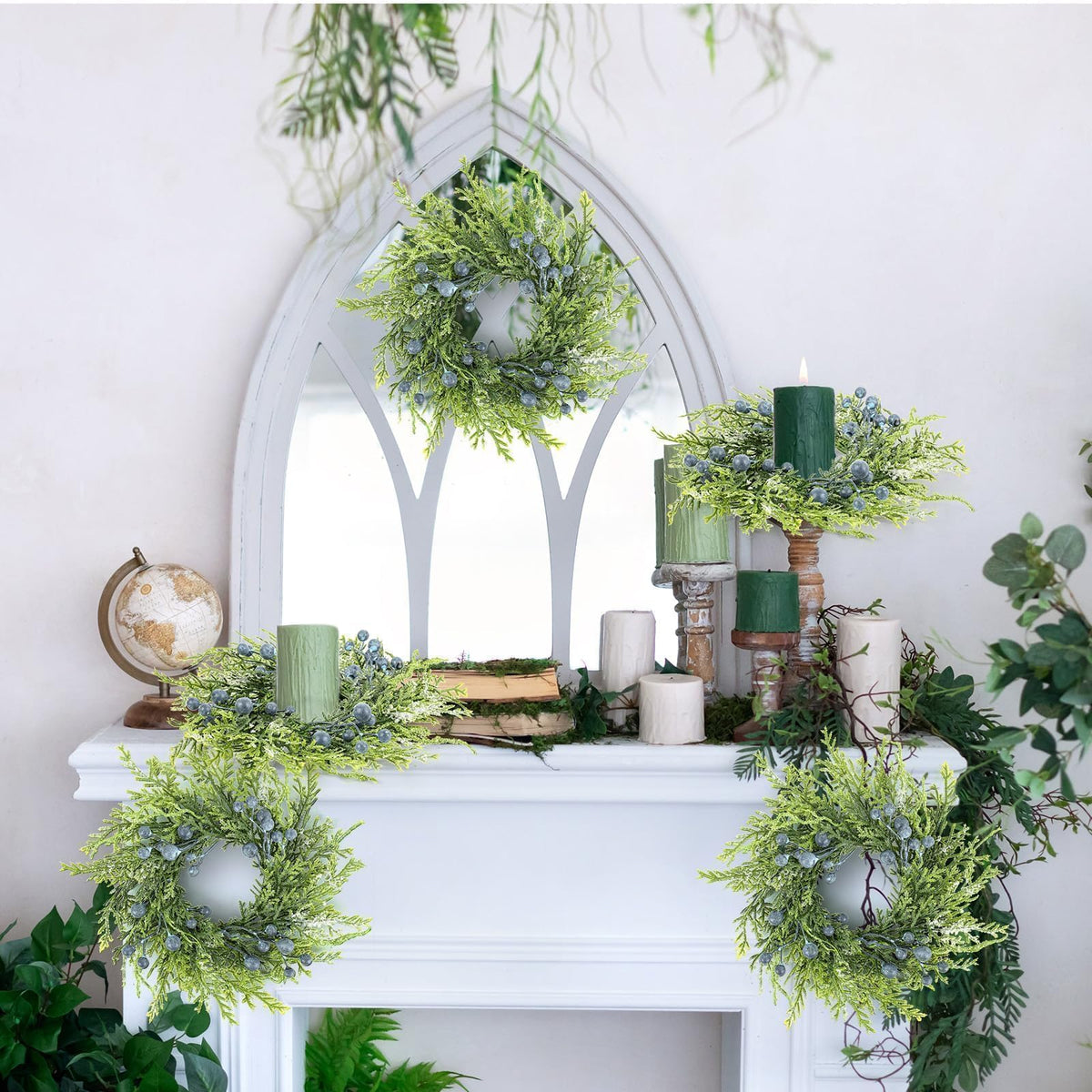 4 Pcs 3” Blueberry Candle Rings Spring Wreaths Mini Berries Table Centerpieces Wreaths Farmhouse Green Small Wreath for Pillars Kitchen Cabinet Front Door Porch Wall Decoration
