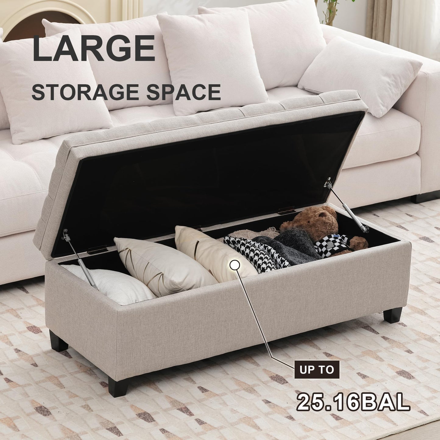 UDAX 51" Storage Ottoman for Bedroom & Living Room, End of Bed Bench with Black Wooden Legs, Linen Upholstered Tufted Ottoman, Entryway Storage Bench, Beige