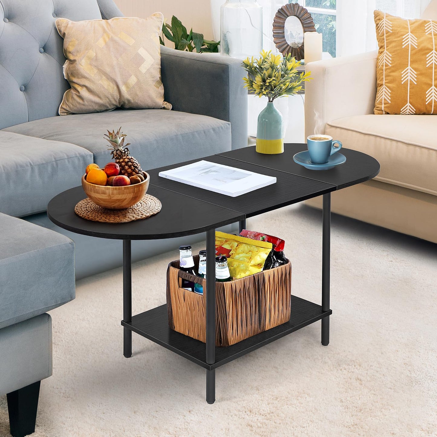 ETELI Black Coffee Tables for Living Room 2-Tier Small Oval Coffee Table Wood Accent Coffe Tables with Storage Shelf Modern Mesa De Centro Sala for Small Space, Home Office