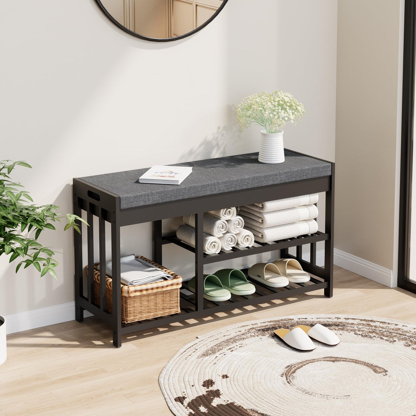 bambooflow Shoe Rack Bench with Cushion,2 Tiers Shoe Bench with Flip-Top Storage,Wood Shoe Rack for Entryway, Hallway, Bedroom, Front Door Entrance (Black)